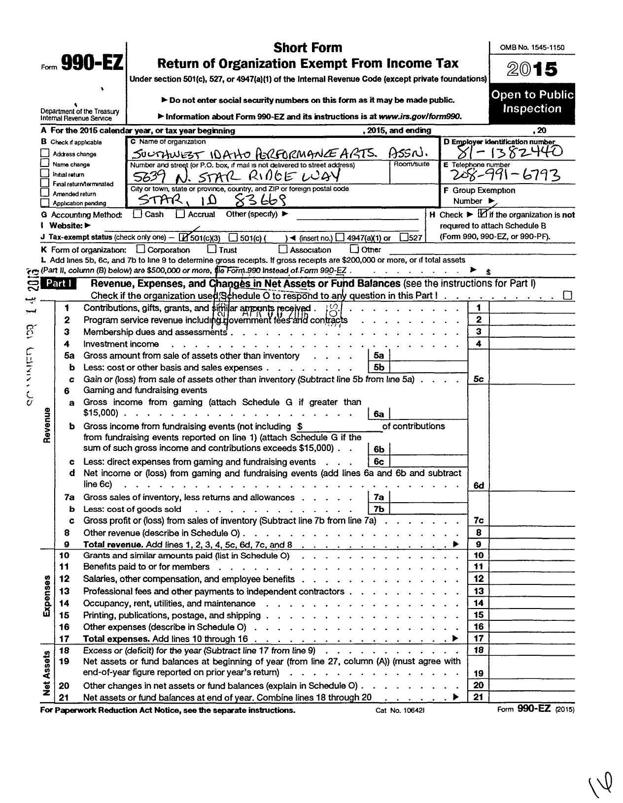 Image of first page of 2015 Form 990EZ for Southwest Idaho Performance Art Association