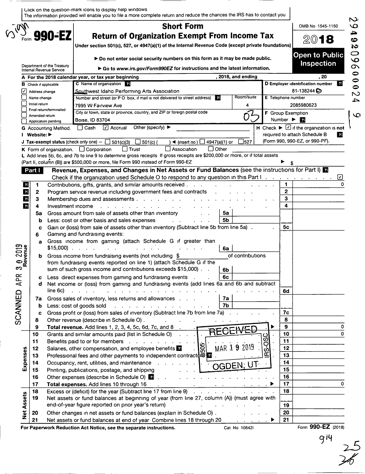 Image of first page of 2018 Form 990EZ for Southwest Idaho Performance Art Association