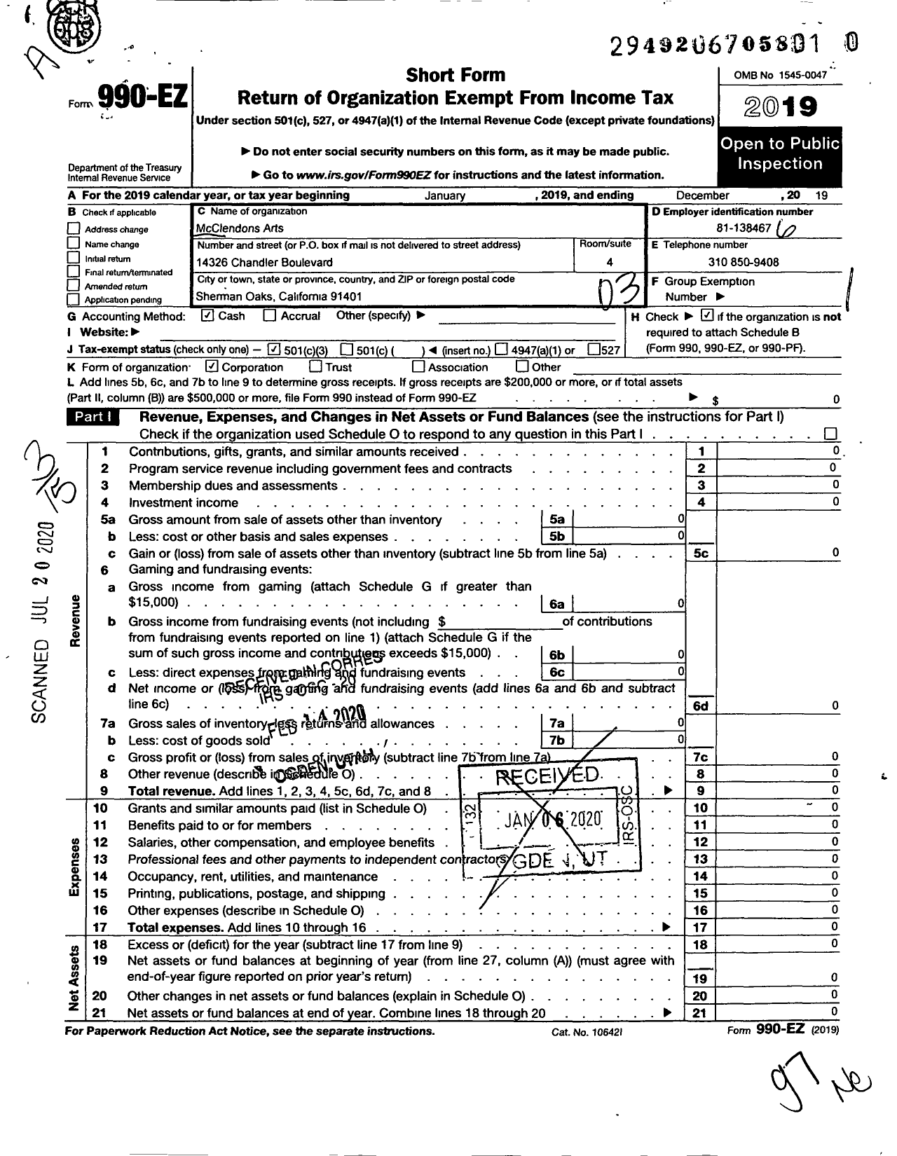 Image of first page of 2019 Form 990EZ for Mcclendons Arts