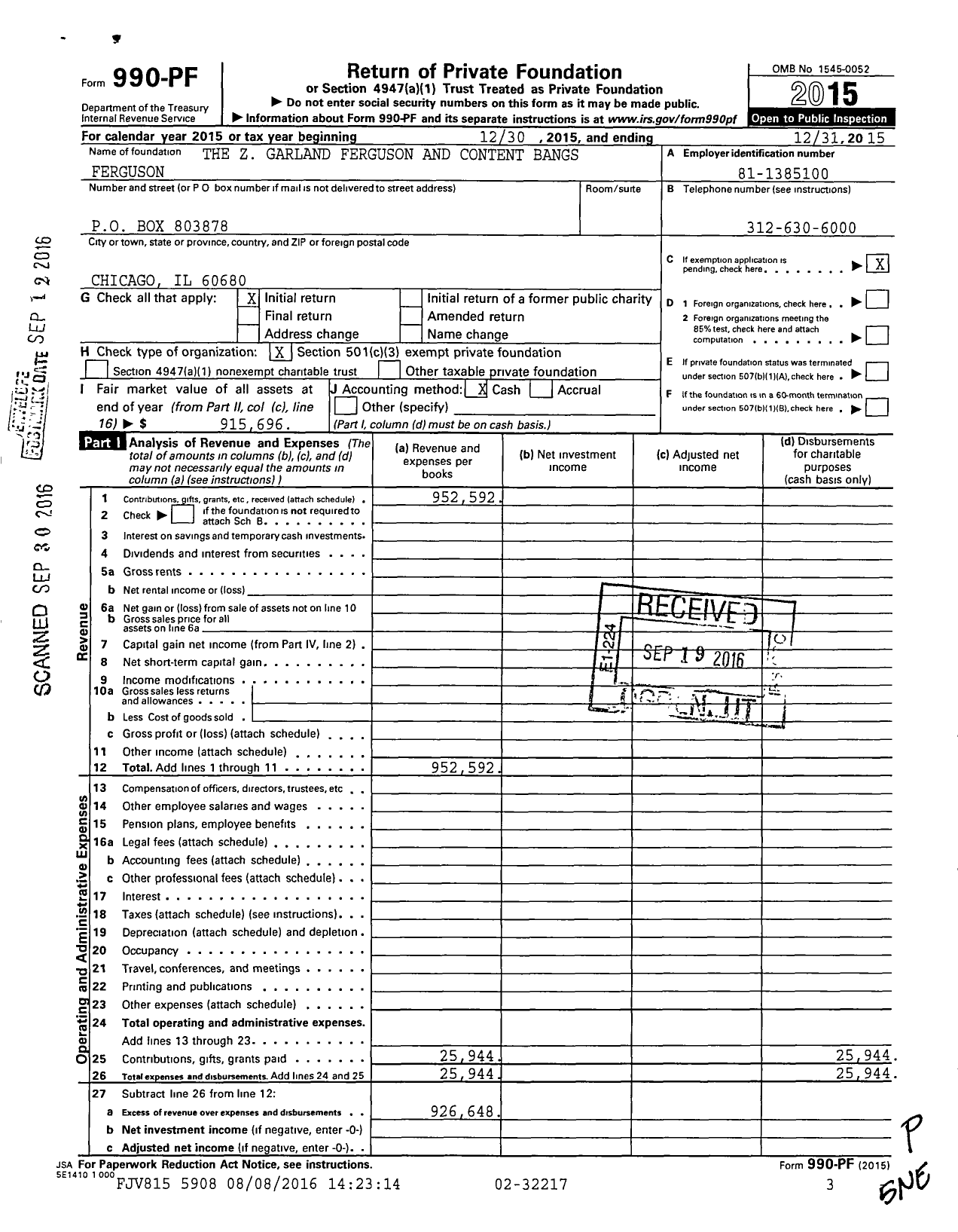 Image of first page of 2015 Form 990PF for The Z Garland Ferguson and Content Bangs