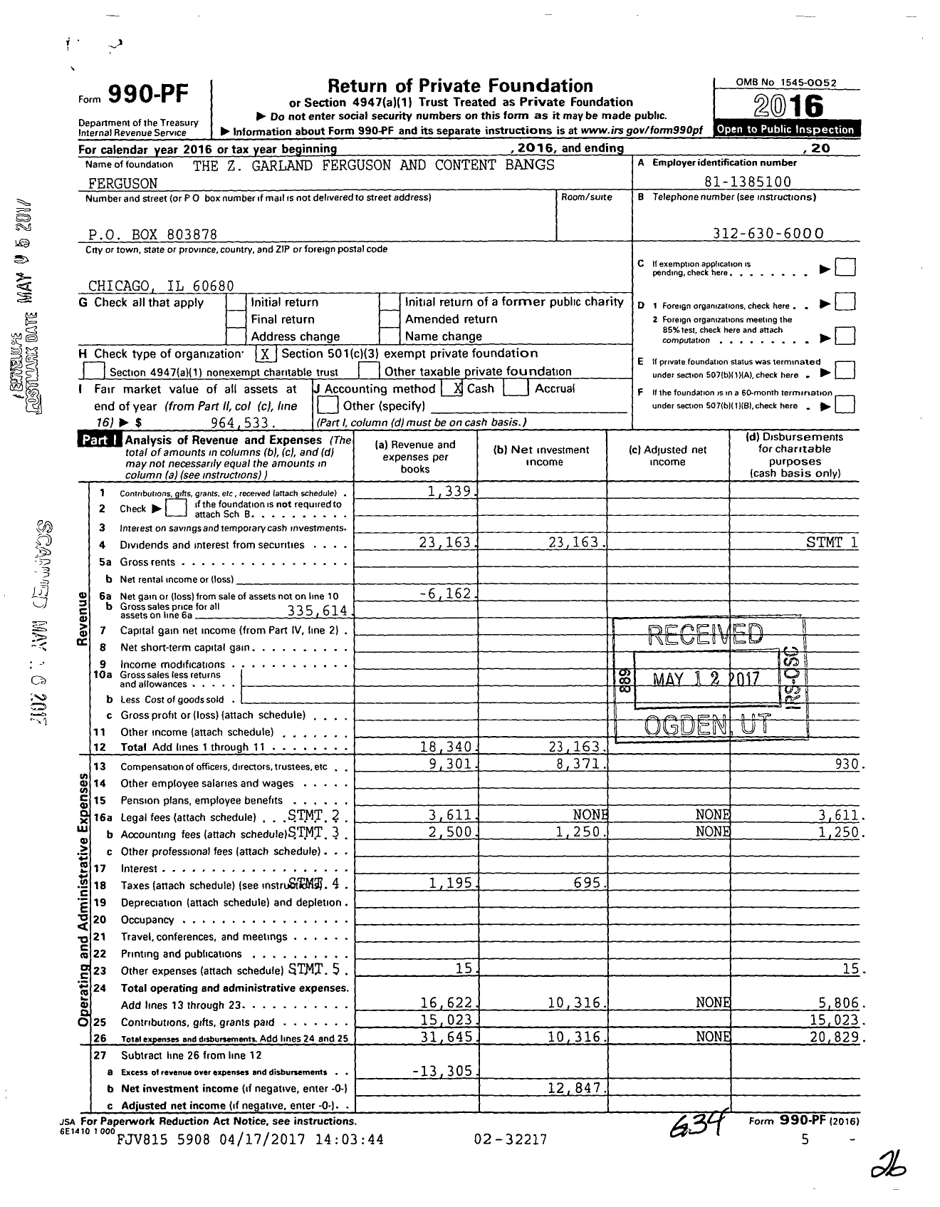 Image of first page of 2016 Form 990PF for The Z Garland Ferguson and Content Bangs