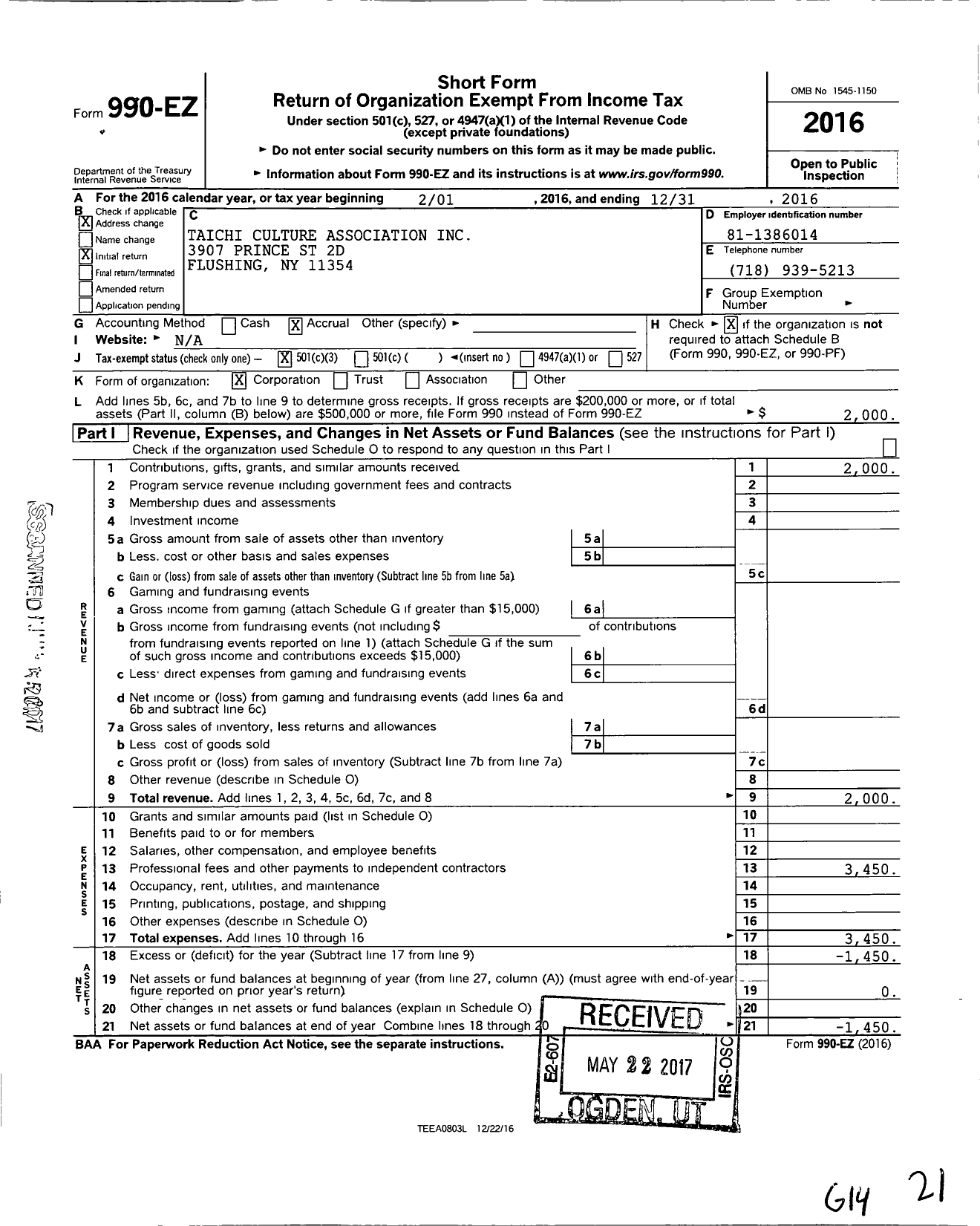 Image of first page of 2016 Form 990EZ for Taichi Culture Association