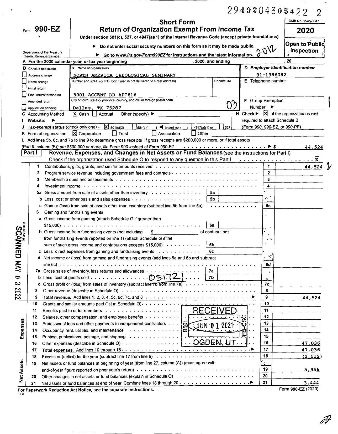 Image of first page of 2020 Form 990EZ for North America Theological Seminary