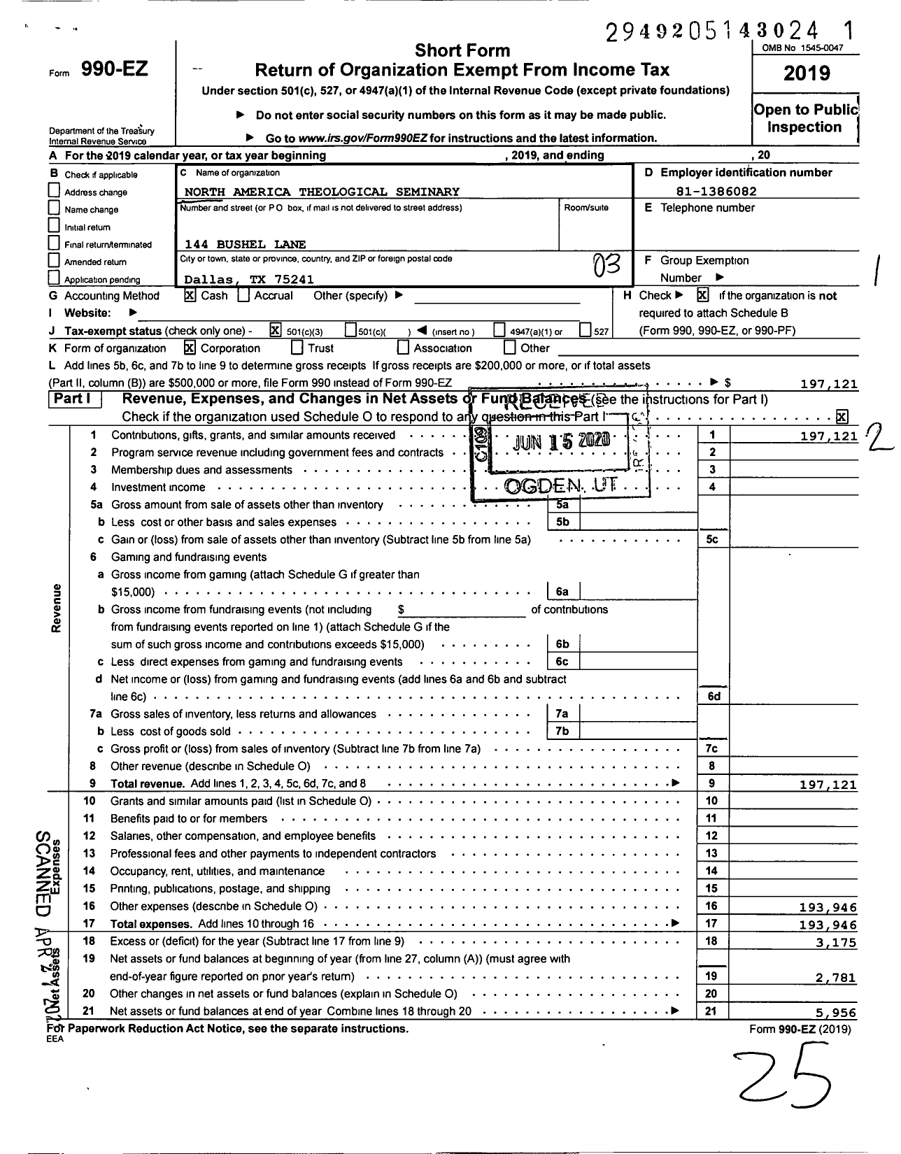 Image of first page of 2019 Form 990EZ for North America Theological Seminary