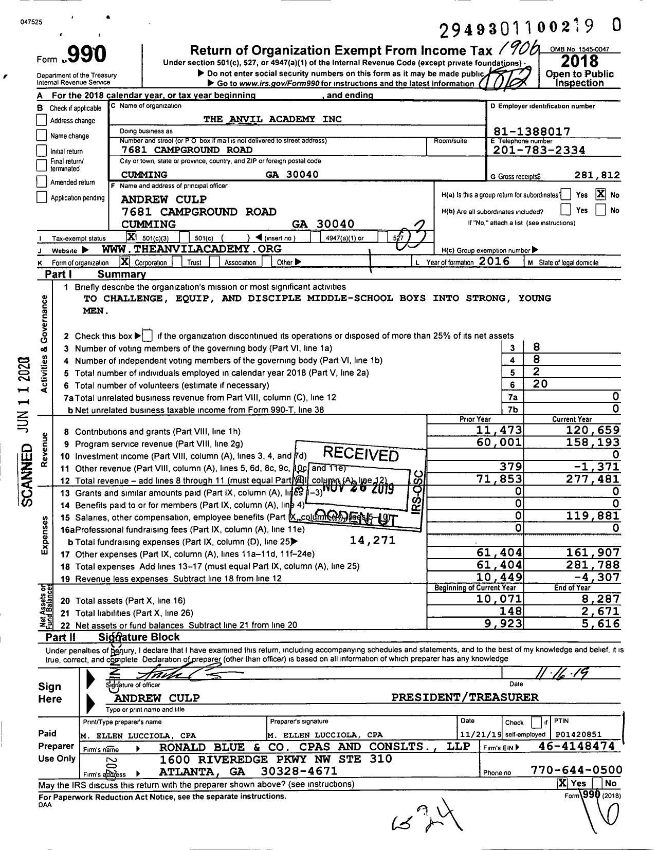 Image of first page of 2018 Form 990 for The Anvil Academy