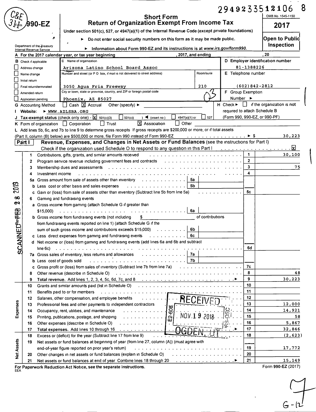 Image of first page of 2017 Form 990EZ for Arizona Latino School Board Association