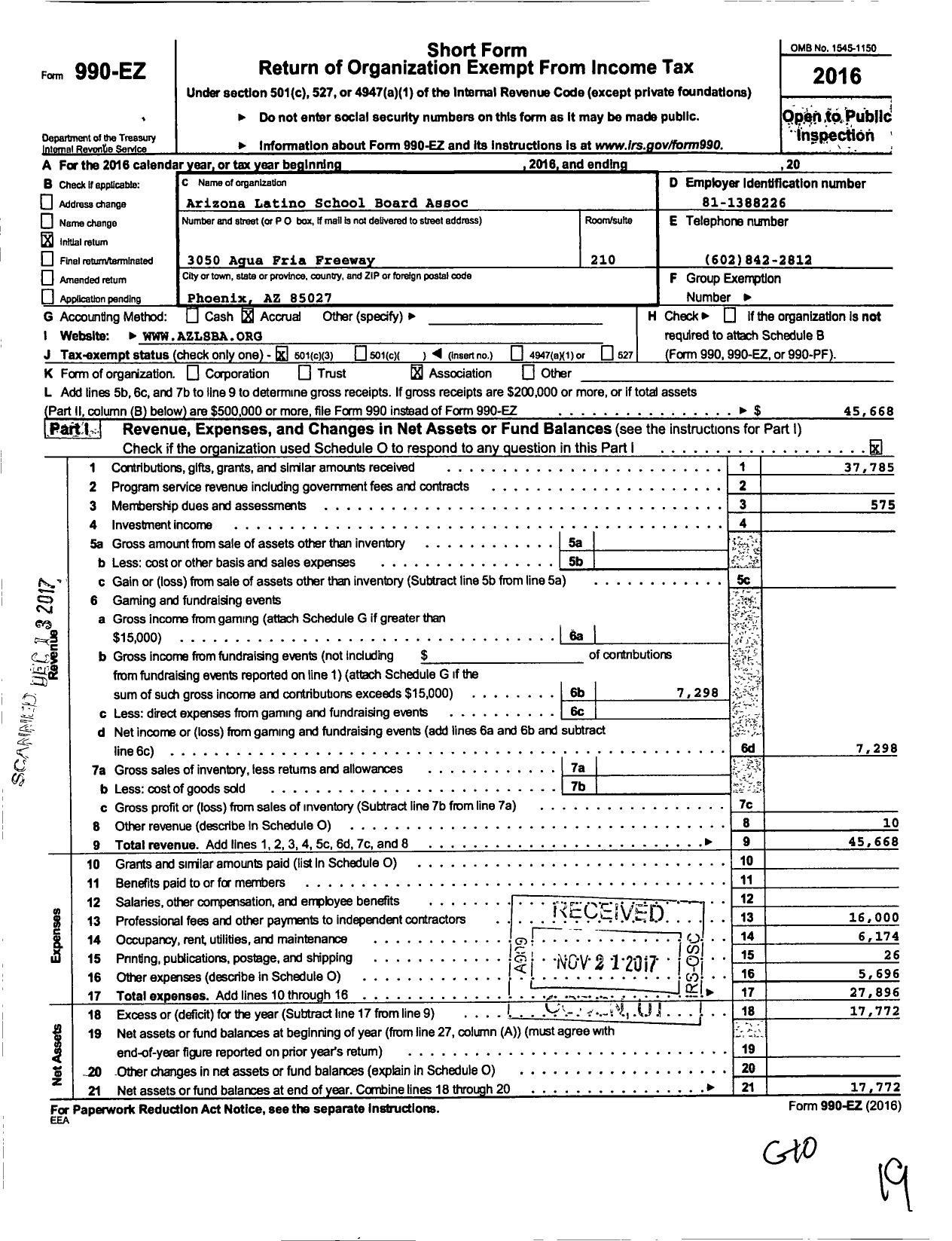 Image of first page of 2016 Form 990EZ for Arizona Latino School Board Association