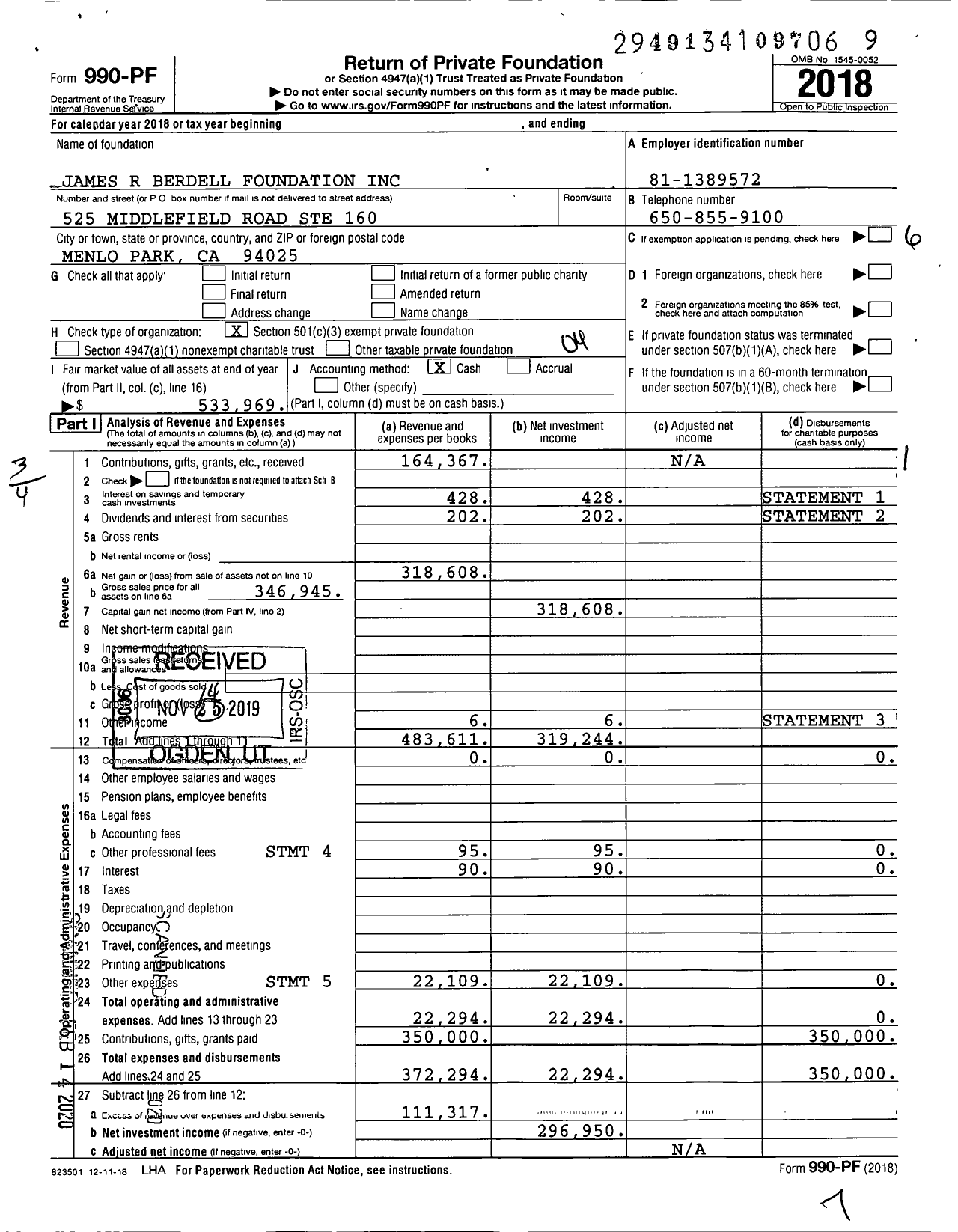 Image of first page of 2018 Form 990PF for James R Berdell Foundation