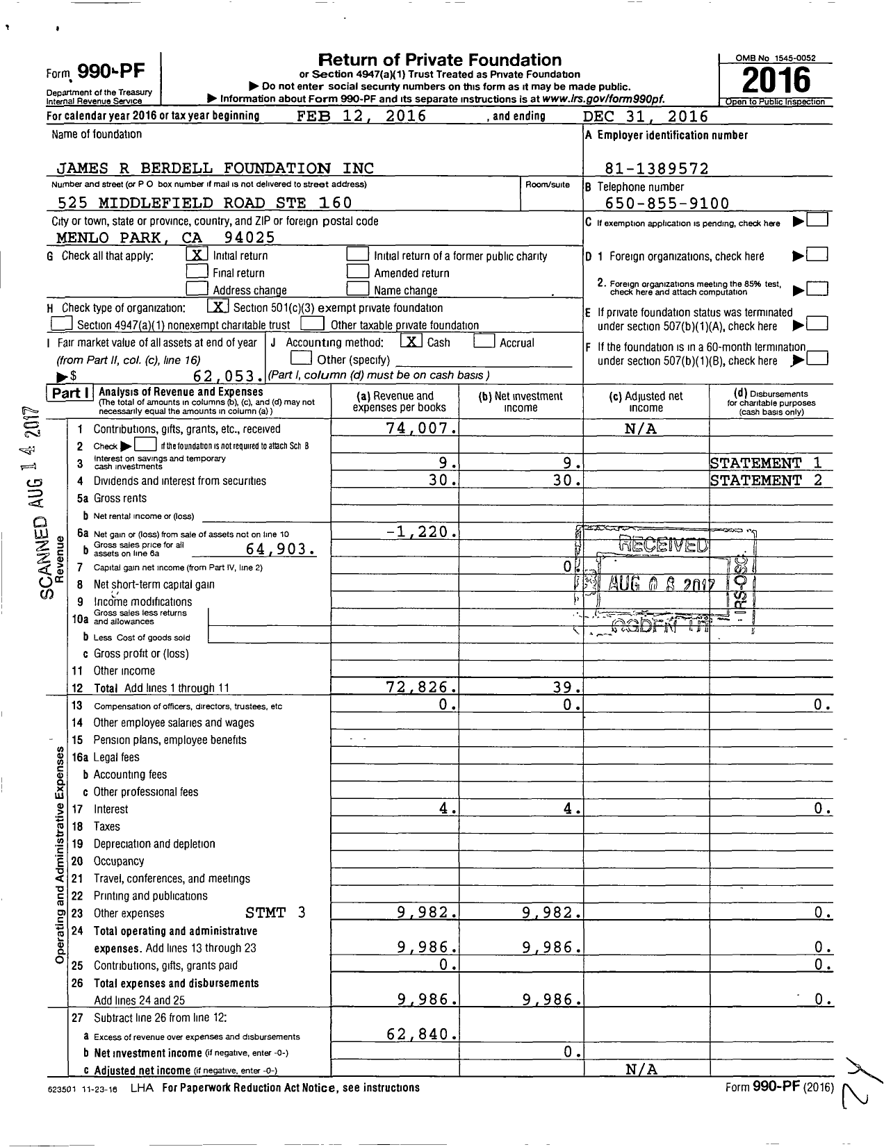 Image of first page of 2016 Form 990PF for James R Berdell Foundation