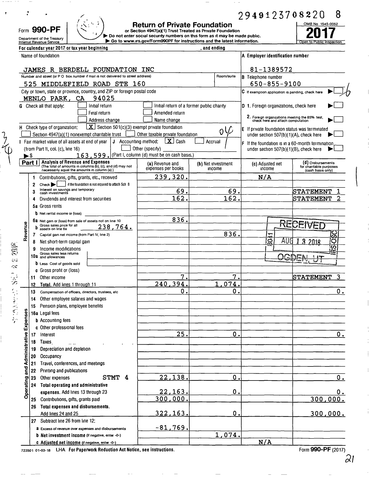 Image of first page of 2017 Form 990PF for James R Berdell Foundation