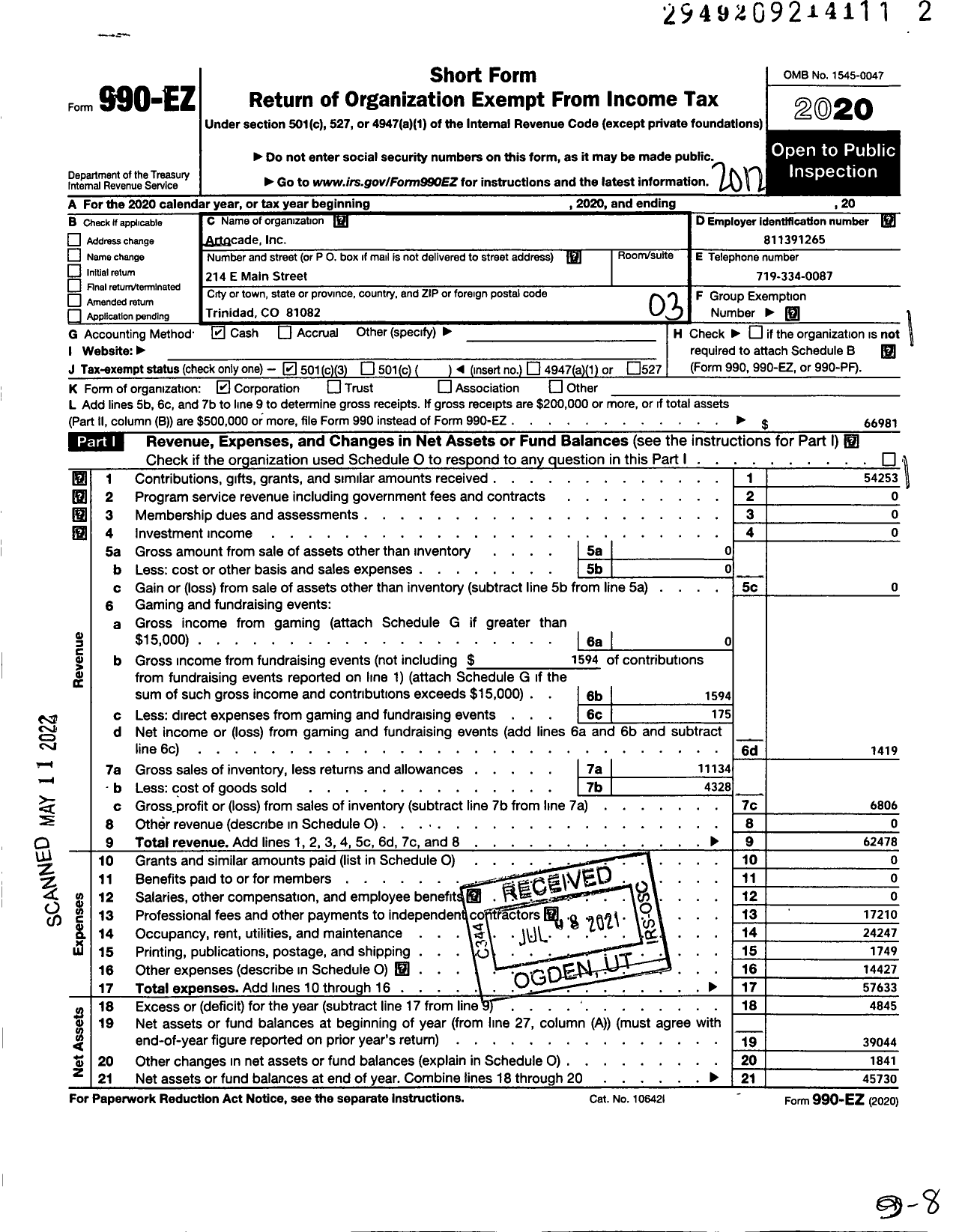 Image of first page of 2020 Form 990EZ for Artocade