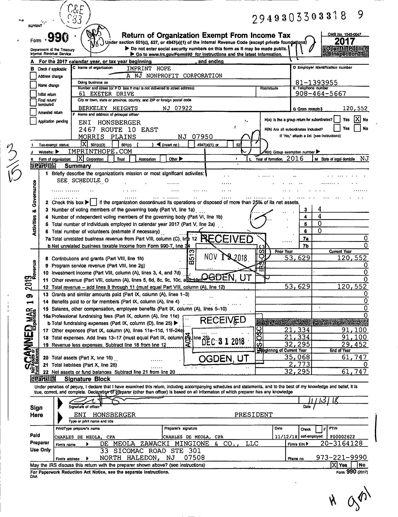 Image of first page of 2017 Form 990 for Imprint Hope A NJ Nonprofit Corporation