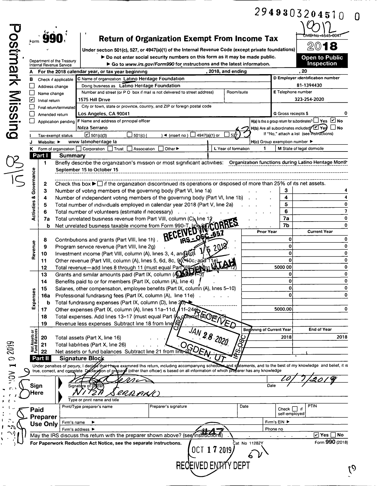 Image of first page of 2018 Form 990 for Latino Heritage Foundation