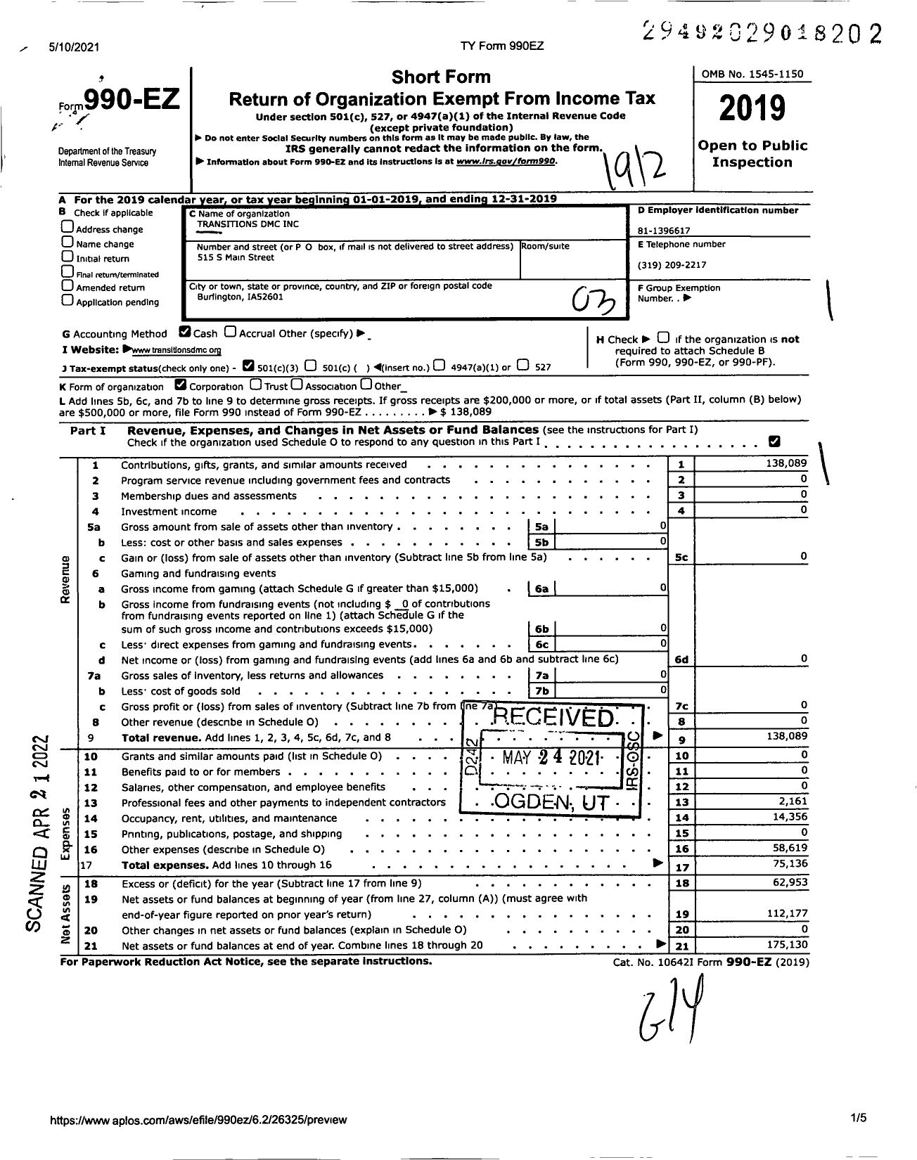 Image of first page of 2019 Form 990EZ for Transitions DMC