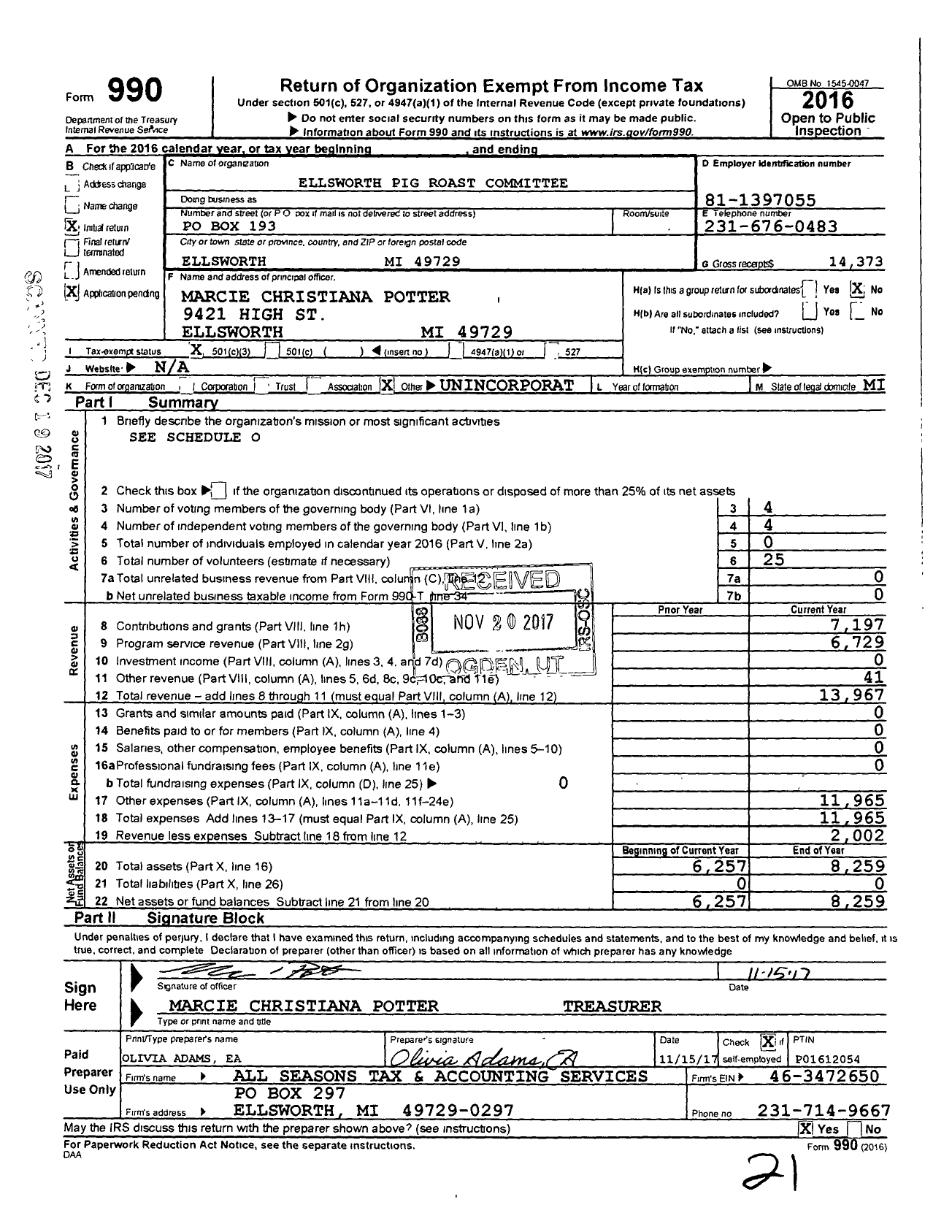 Image of first page of 2016 Form 990 for Ellsworth Pig Roast Committee