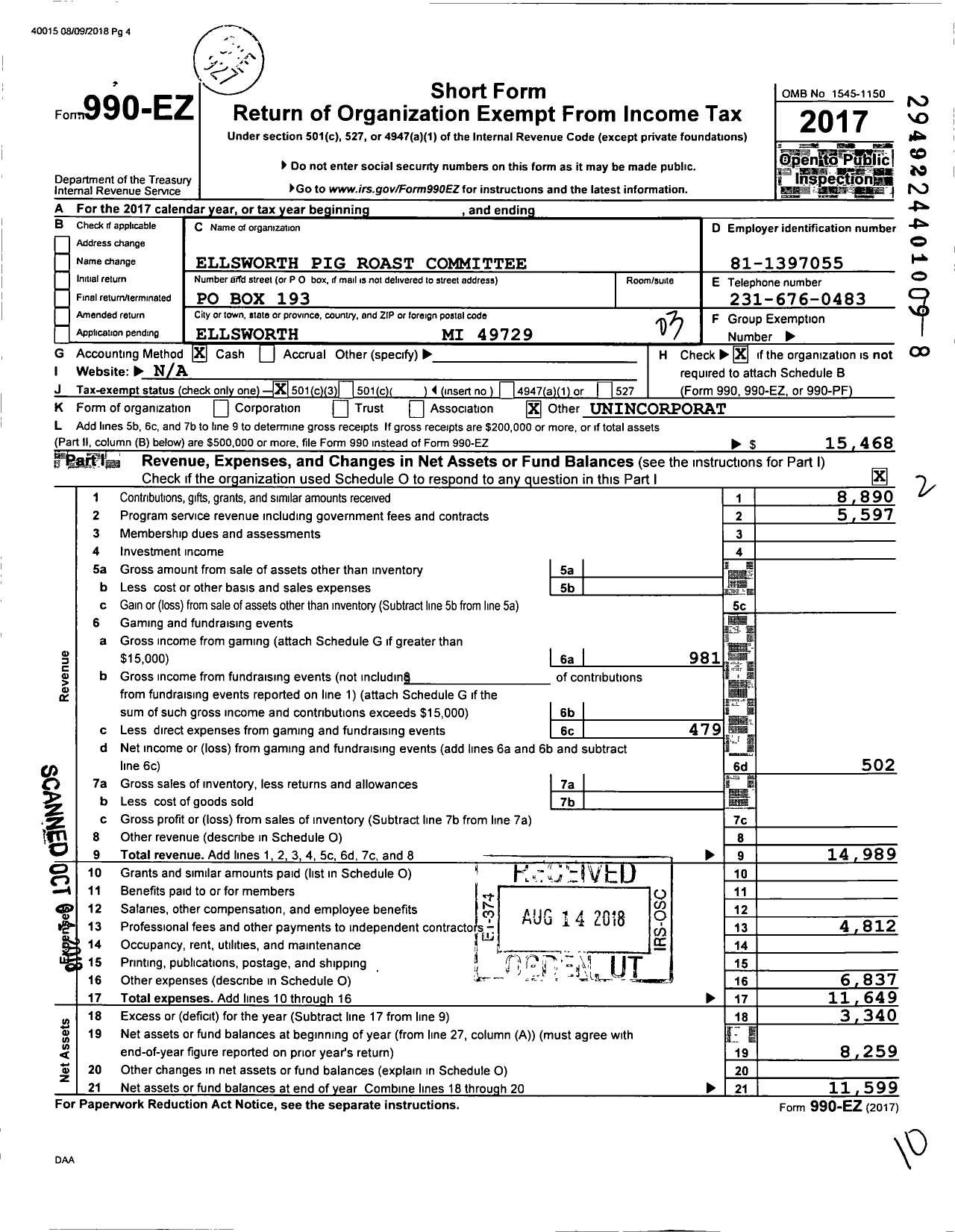 Image of first page of 2017 Form 990EZ for Ellsworth Pig Roast Committee