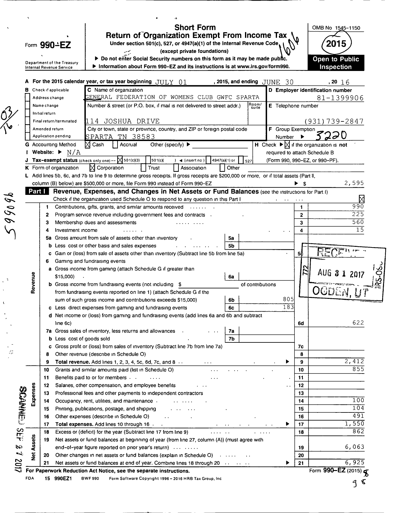 Image of first page of 2015 Form 990EZ for General Federation of Womens Club / GFWC Sparta Womans Club