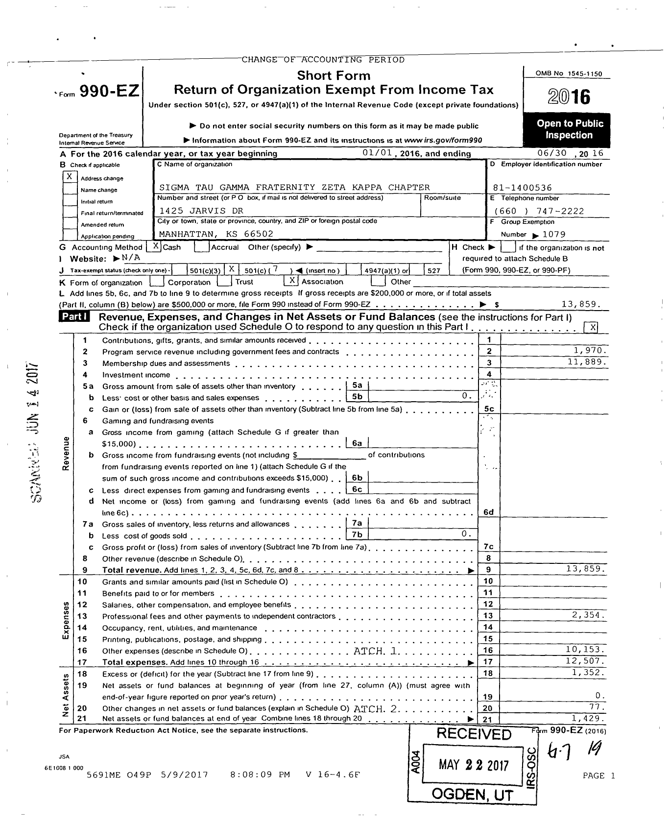 Image of first page of 2015 Form 990EO for Sigma Tau Gamma Fraternity Zeta Kappa Chapter