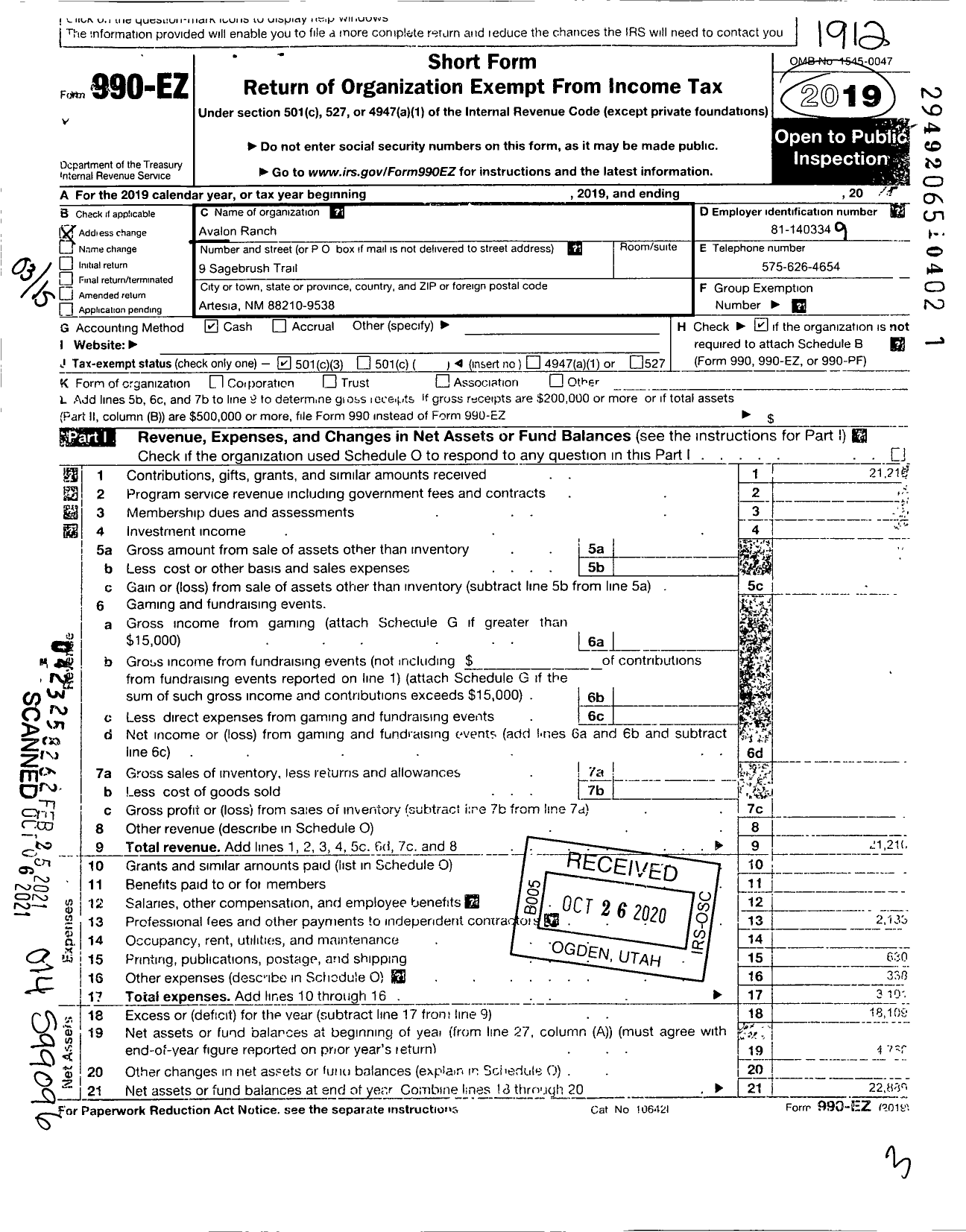 Image of first page of 2019 Form 990EZ for Avalon Ranch
