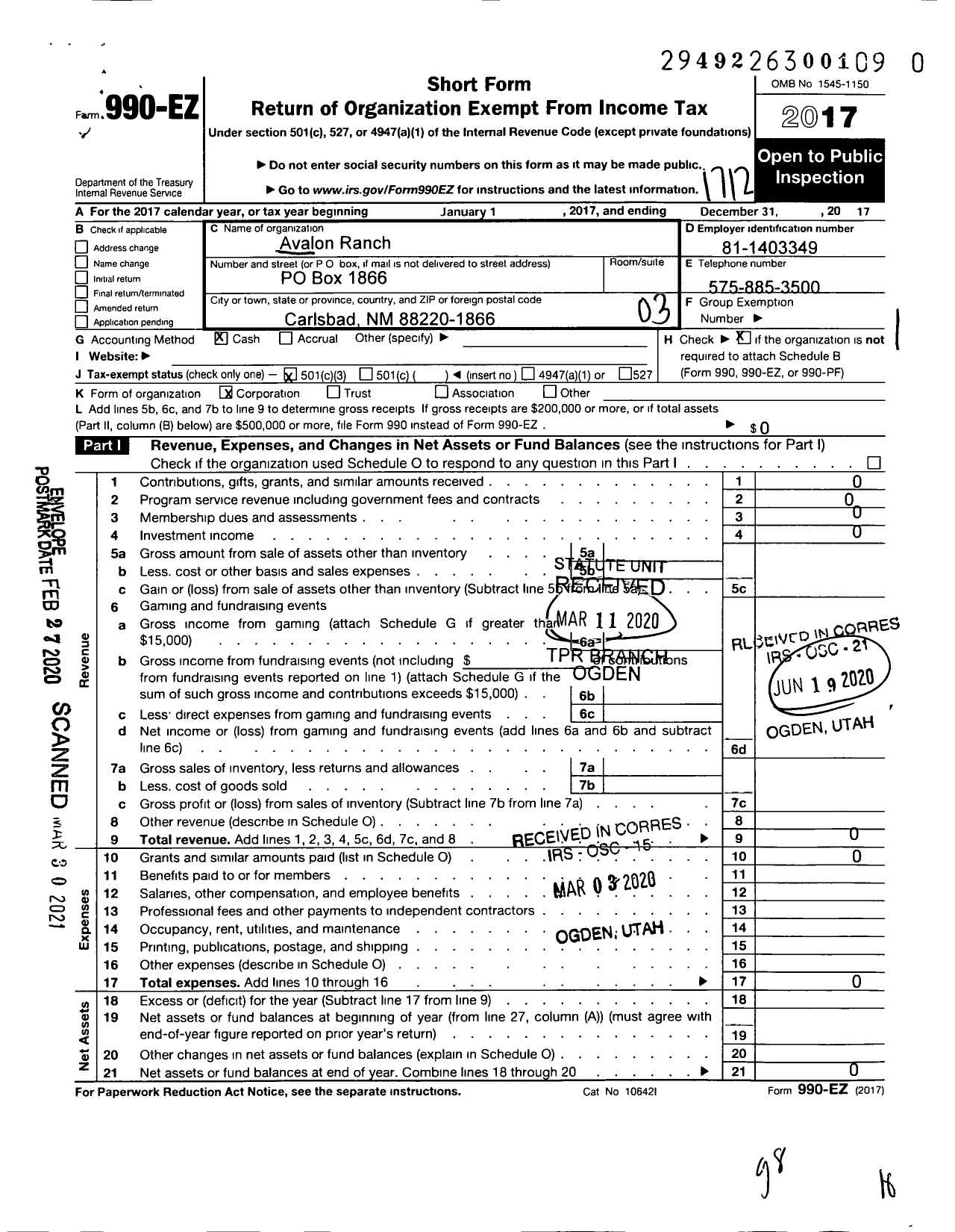Image of first page of 2017 Form 990EZ for Avalon Ranch
