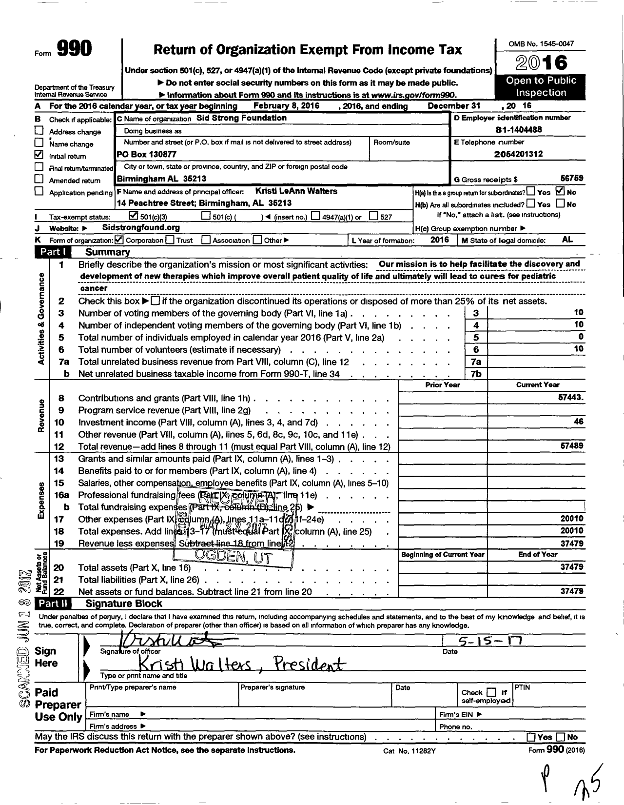 Image of first page of 2016 Form 990 for Sid Strong Foundation