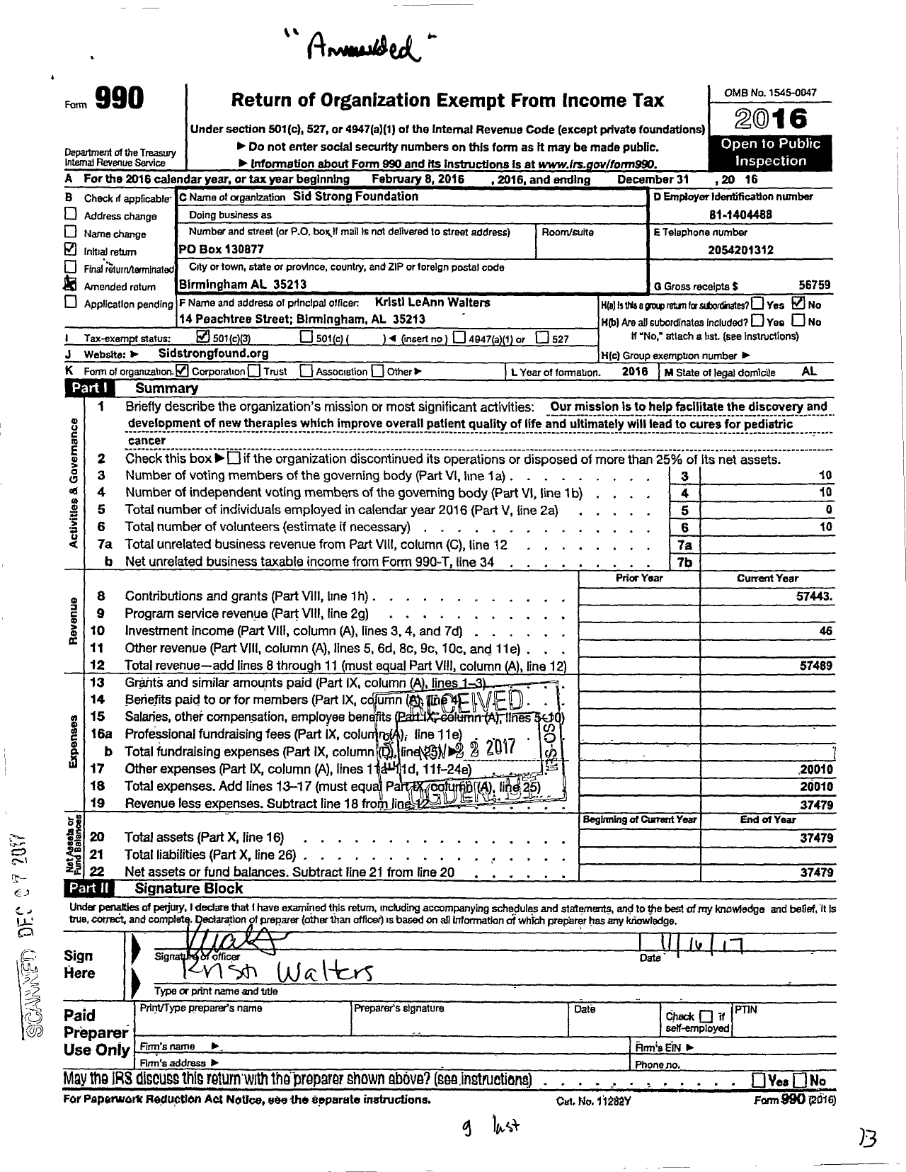 Image of first page of 2016 Form 990 for Sid Strong Foundation