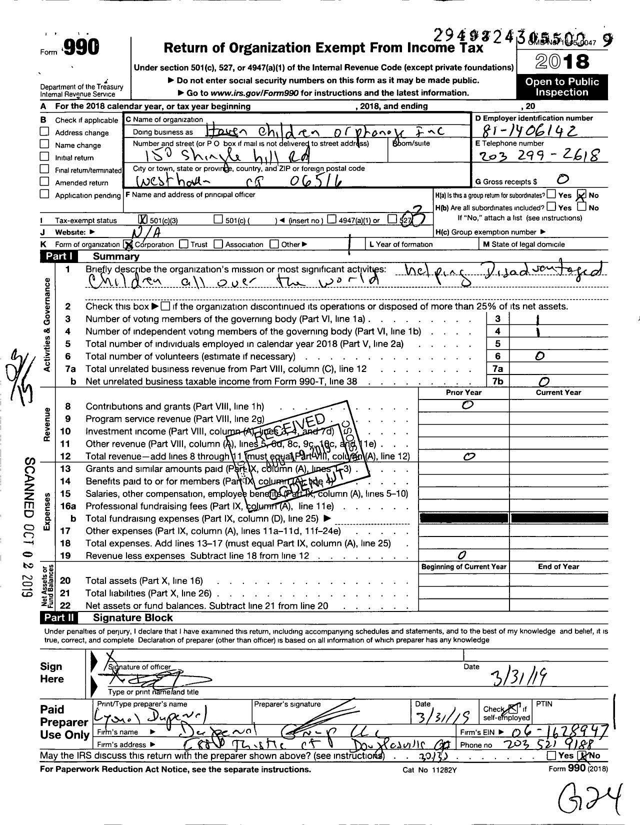 Image of first page of 2018 Form 990 for Haven Children Orphange