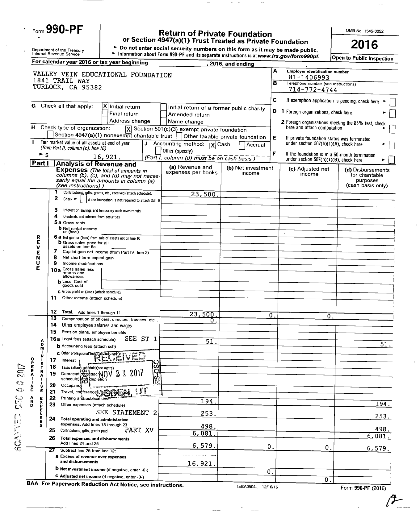 Image of first page of 2016 Form 990PF for Valley Vein Educational Foundation