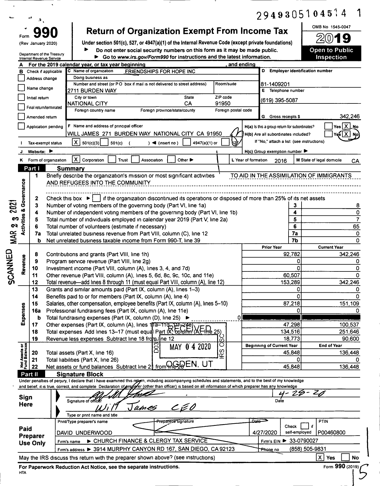 Image of first page of 2019 Form 990 for Friendships for Hope