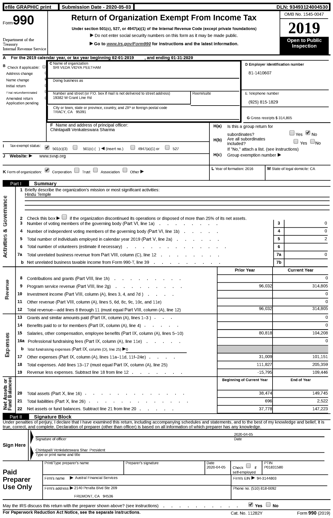 Image of first page of 2019 Form 990 for Sri Veda Vidya Peetham