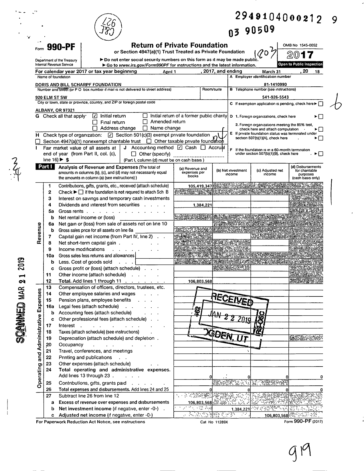 Image of first page of 2017 Form 990PF for Doris and Bill Scharpf Foundation