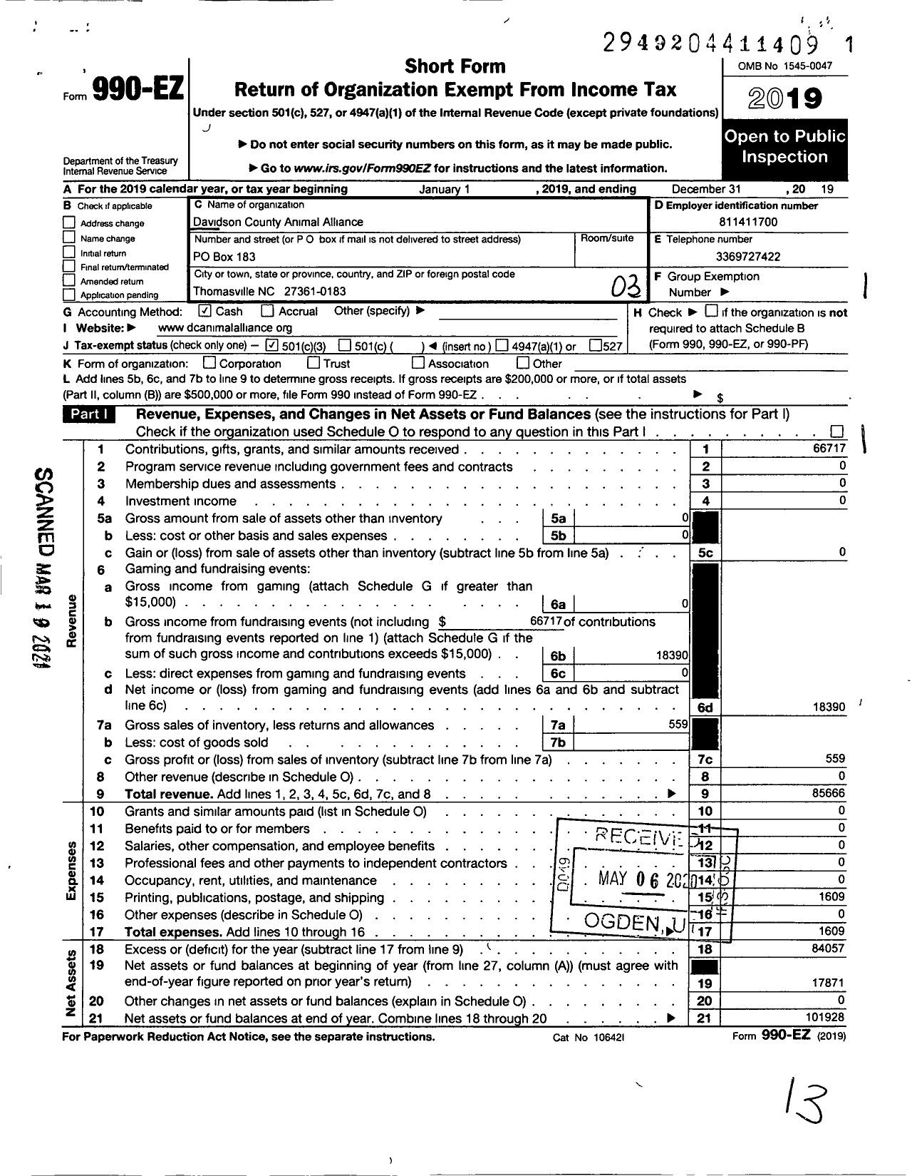 Image of first page of 2019 Form 990EZ for Davidson County Animal Alliance