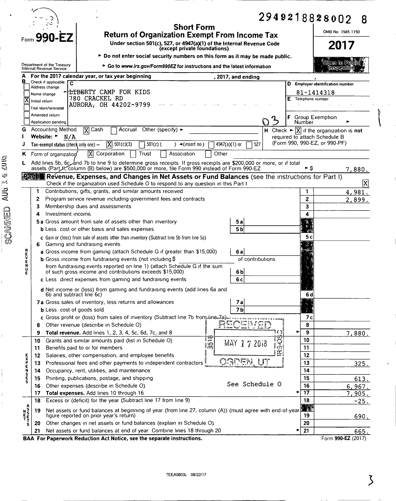 Image of first page of 2017 Form 990EZ for Liberty Camp for Kids