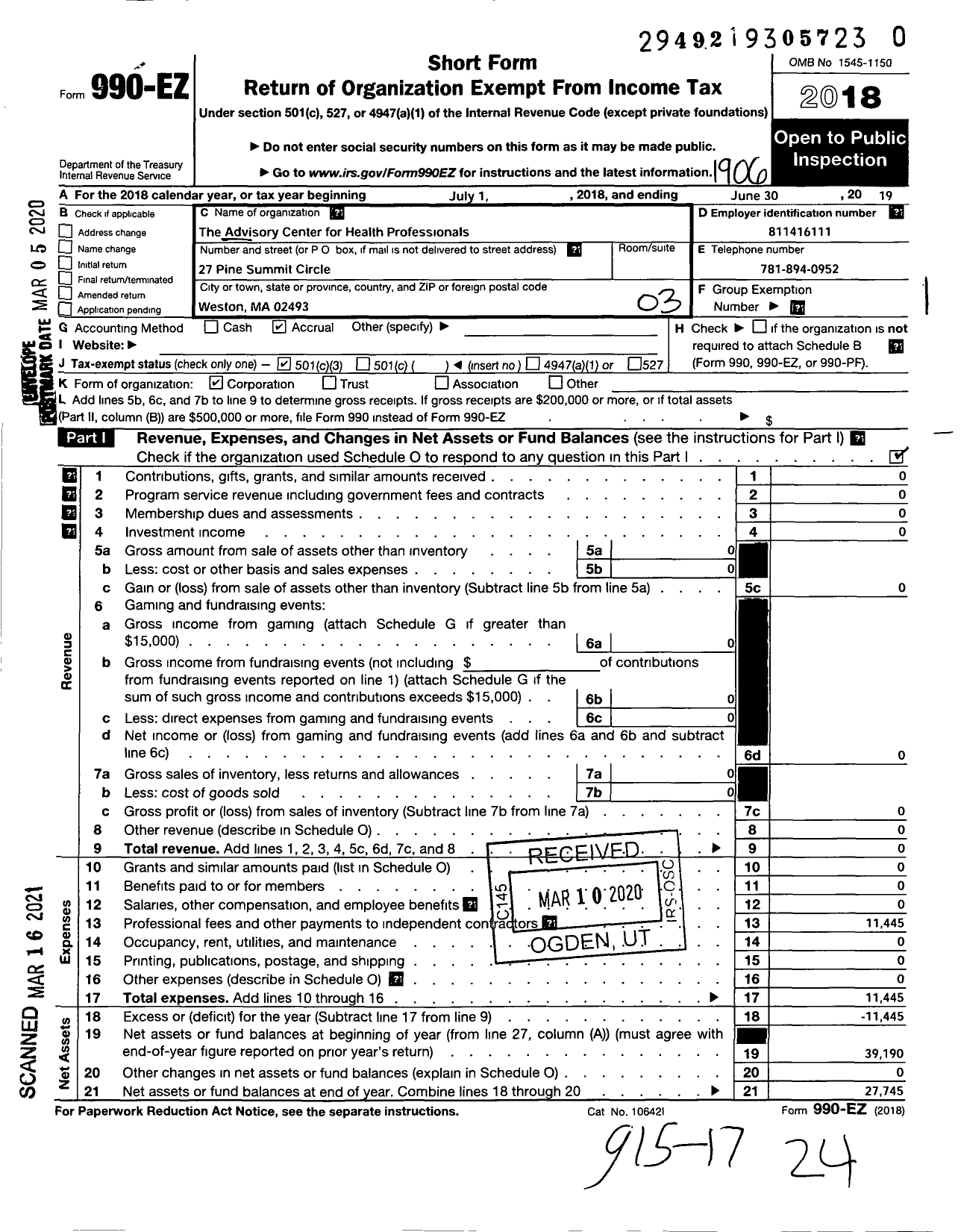 Image of first page of 2018 Form 990EZ for The Advisory Center for Health Professionals