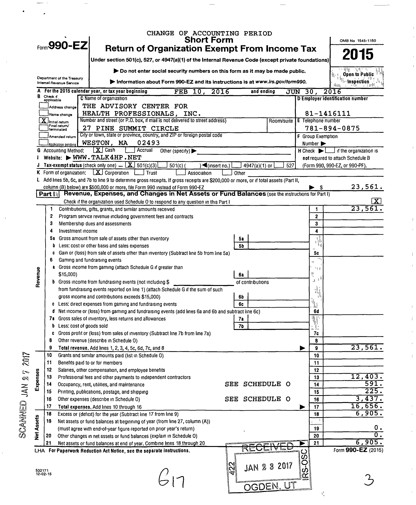 Image of first page of 2015 Form 990EZ for The Advisory Center for Health Professionals