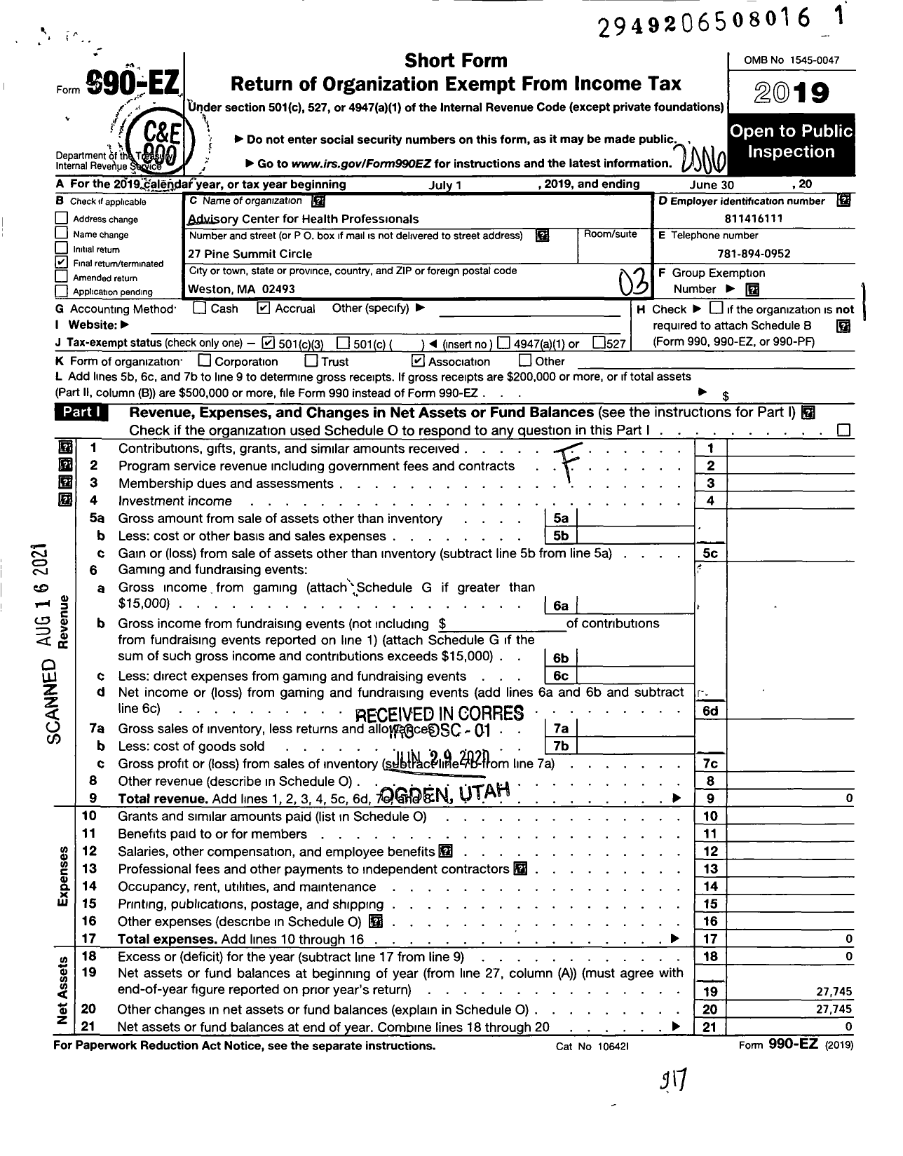 Image of first page of 2019 Form 990EZ for The Advisory Center for Health Professionals