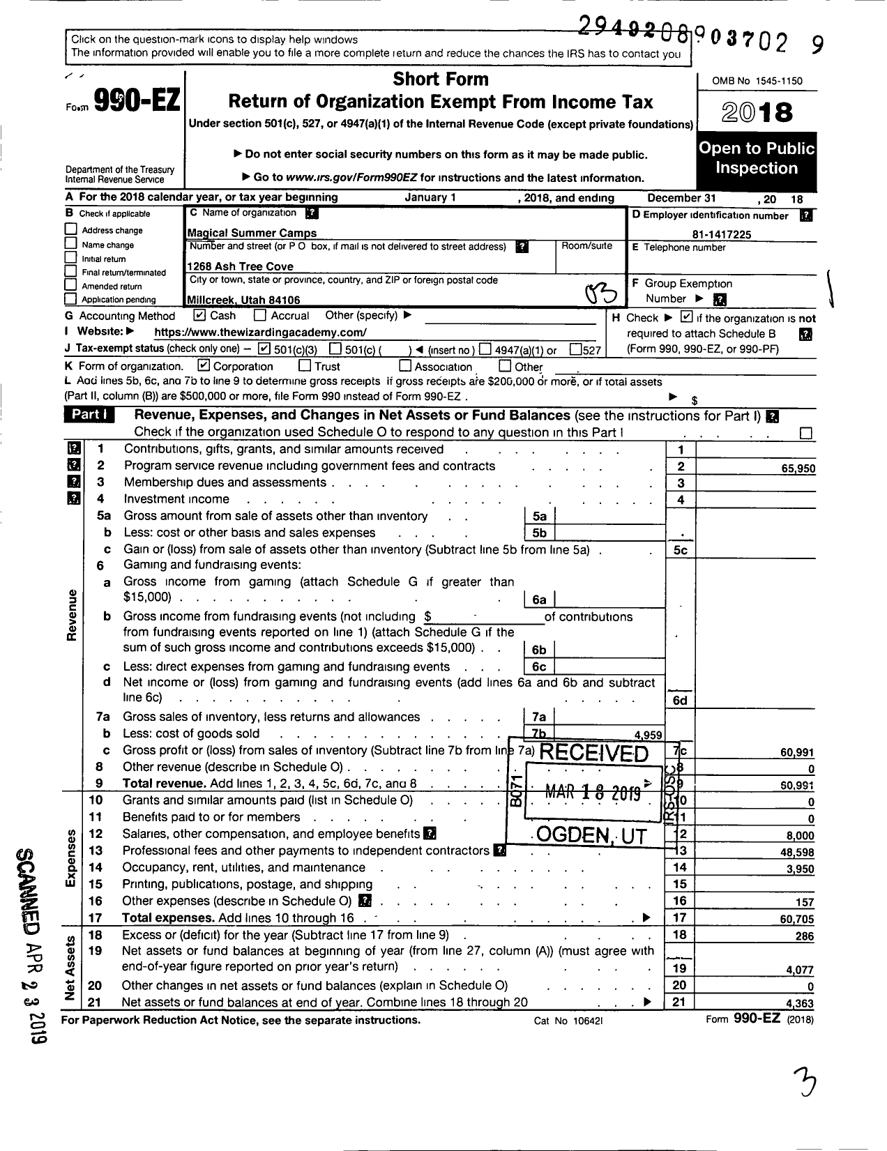 Image of first page of 2018 Form 990EZ for Magical Summer Camps