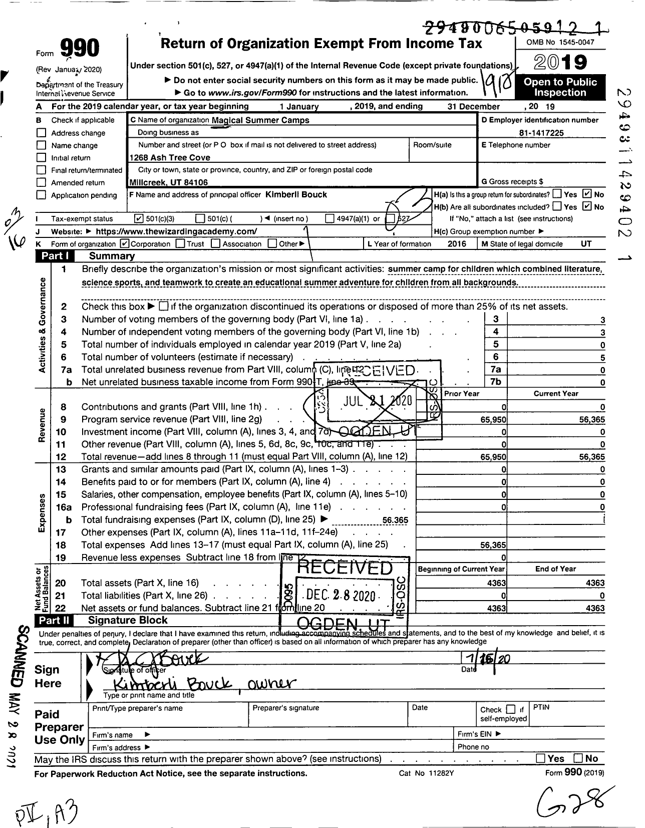 Image of first page of 2019 Form 990 for Magical Summer Camps