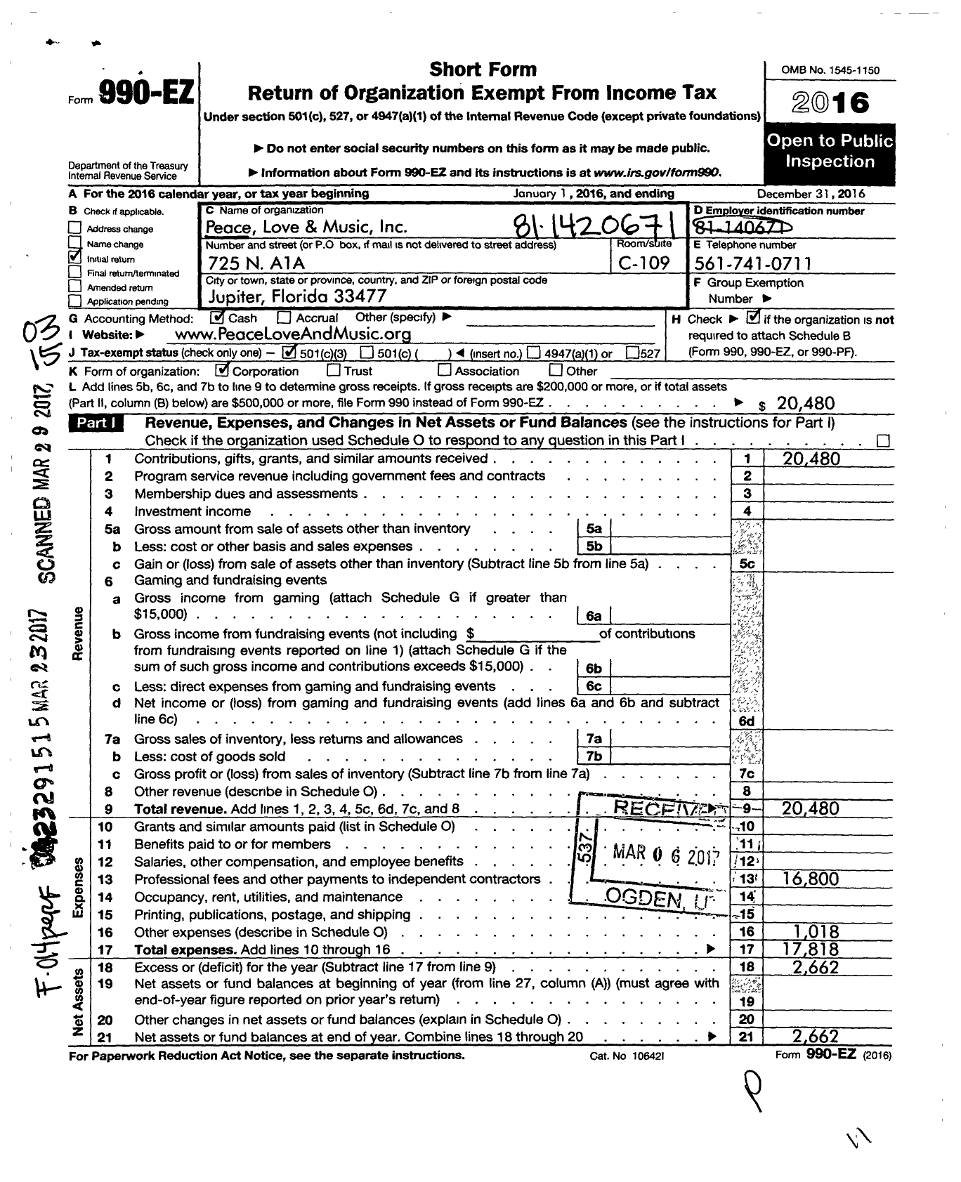 Image of first page of 2016 Form 990EZ for Peace Love and Music