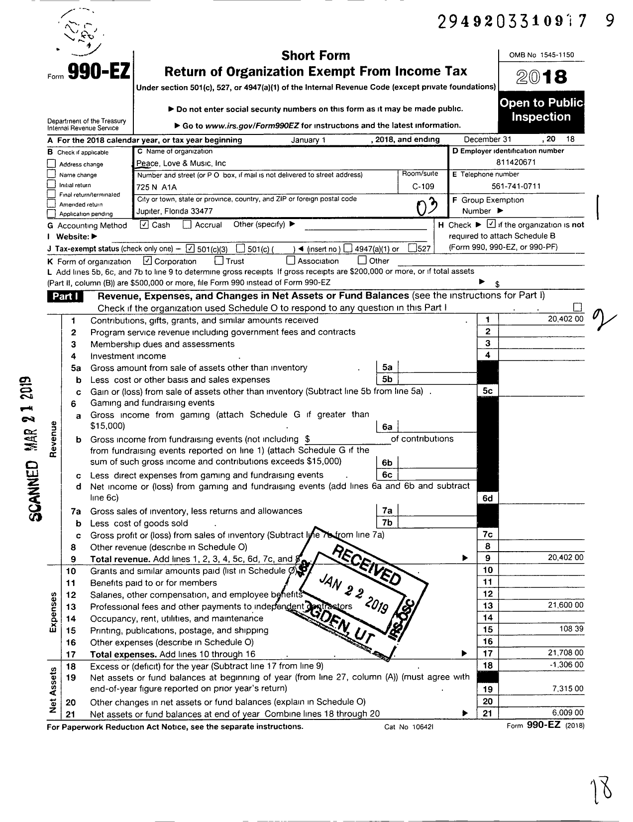 Image of first page of 2018 Form 990EZ for Peace Love and Music