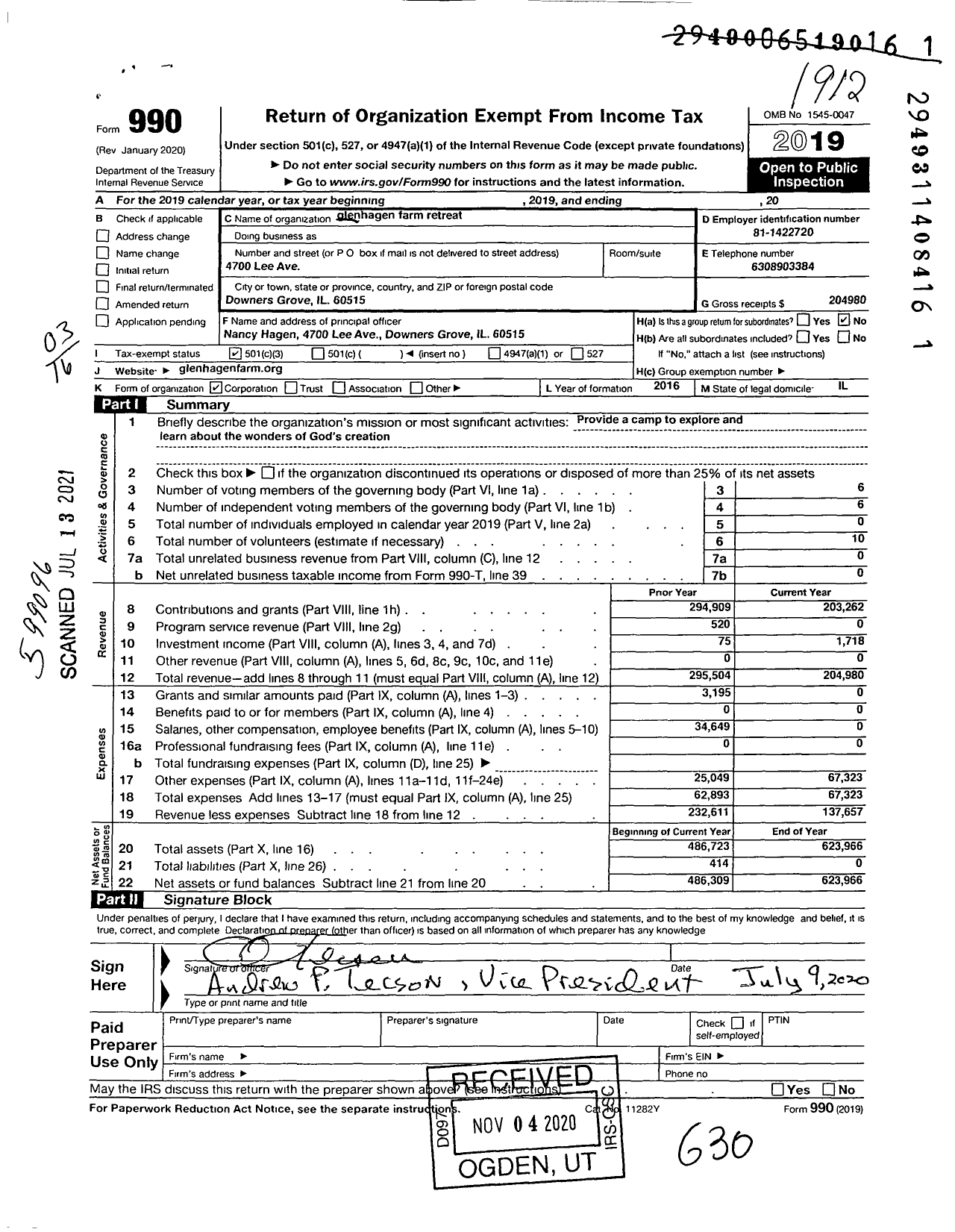 Image of first page of 2019 Form 990 for Glenhagen Farm Retreat