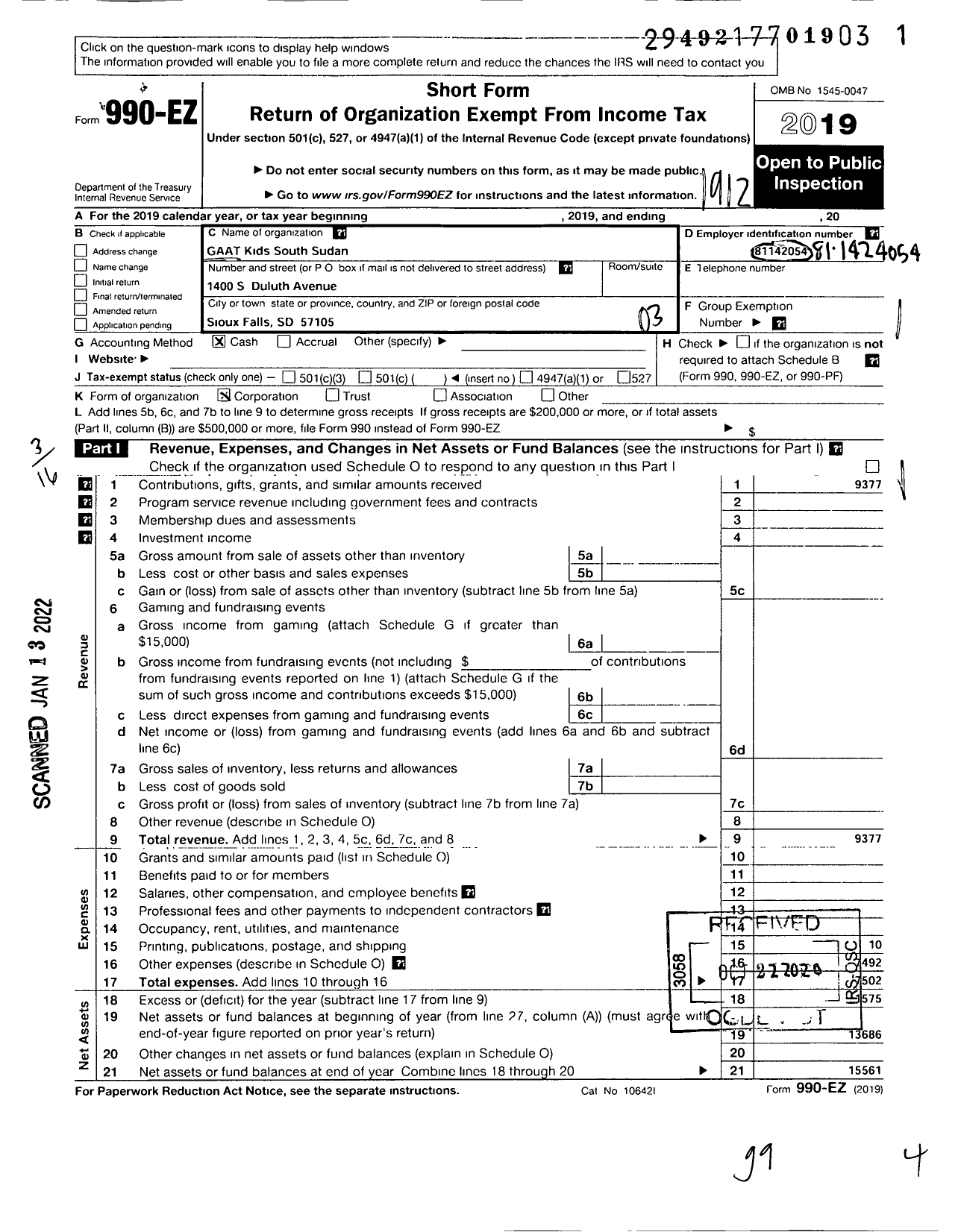 Image of first page of 2019 Form 990EZ for Gaat South Sudan