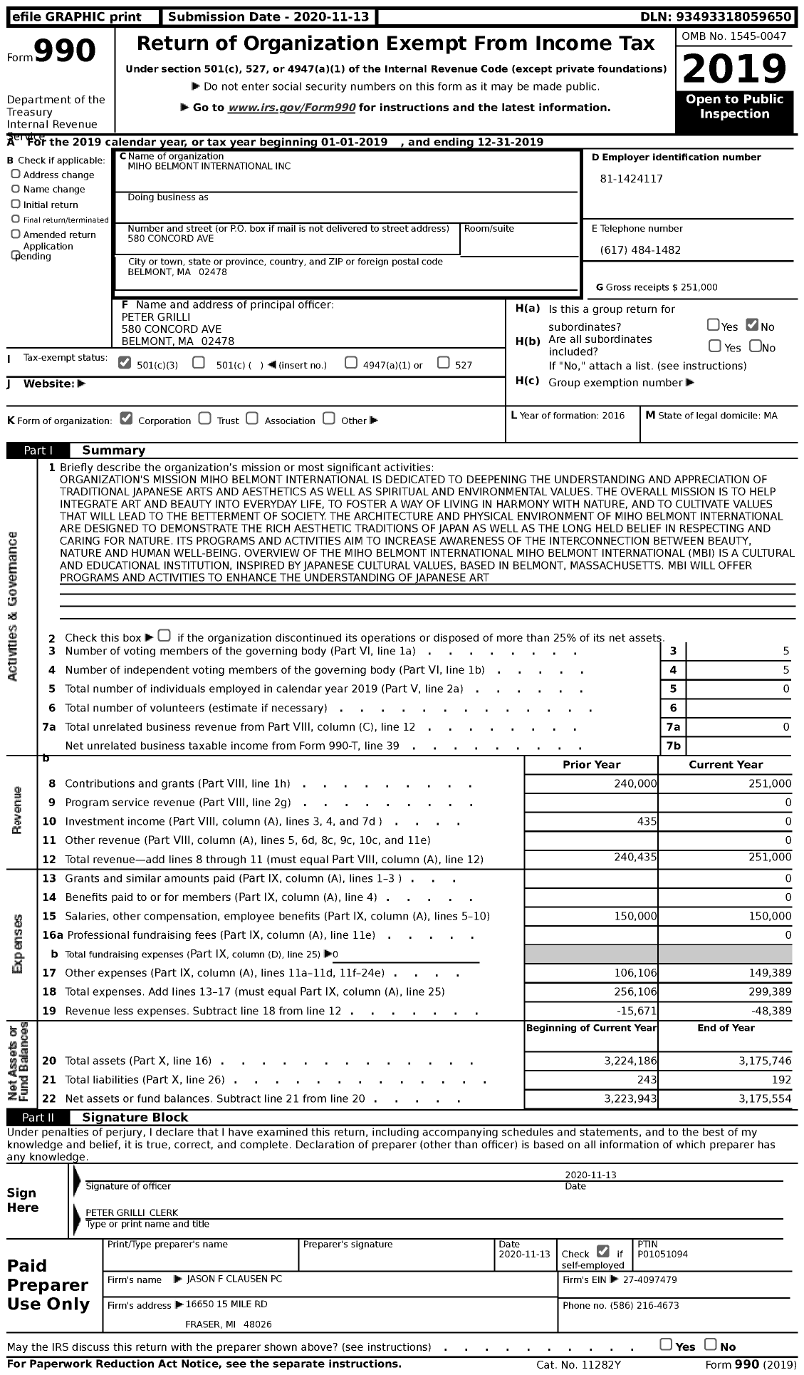 Image of first page of 2019 Form 990 for Miho Belmont International