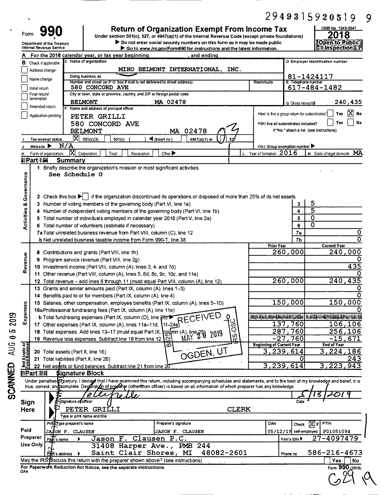 Image of first page of 2018 Form 990 for Miho Belmont International