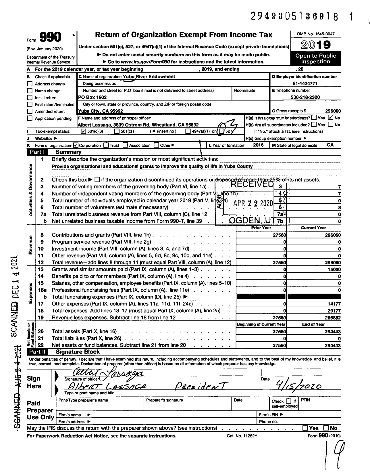 Image of first page of 2019 Form 990 for Yuba River Endowment