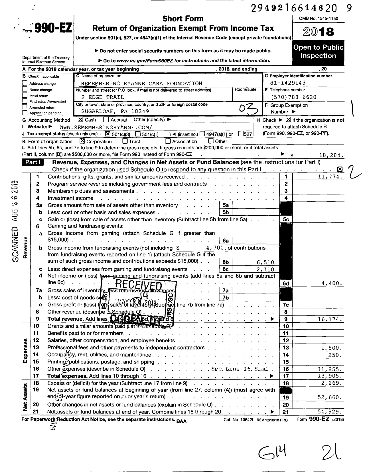 Image of first page of 2018 Form 990EZ for Remembering Ryanne Cara Foundation