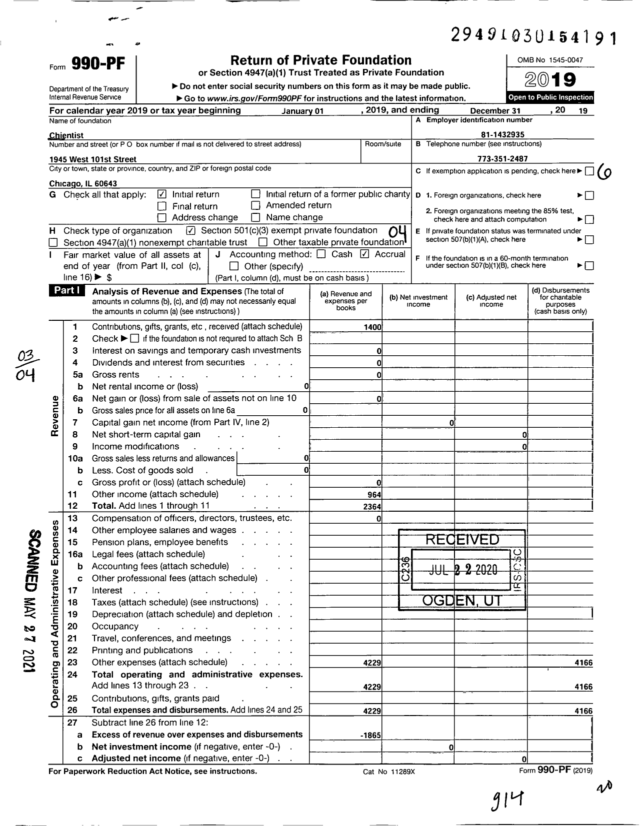 Image of first page of 2019 Form 990PF for Chientist