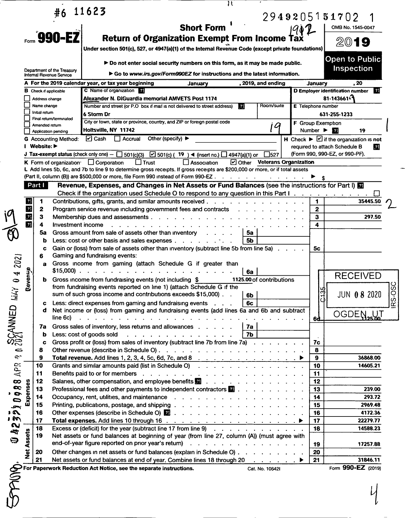 Image of first page of 2019 Form 990EO for AMVETS - 1174 Ny