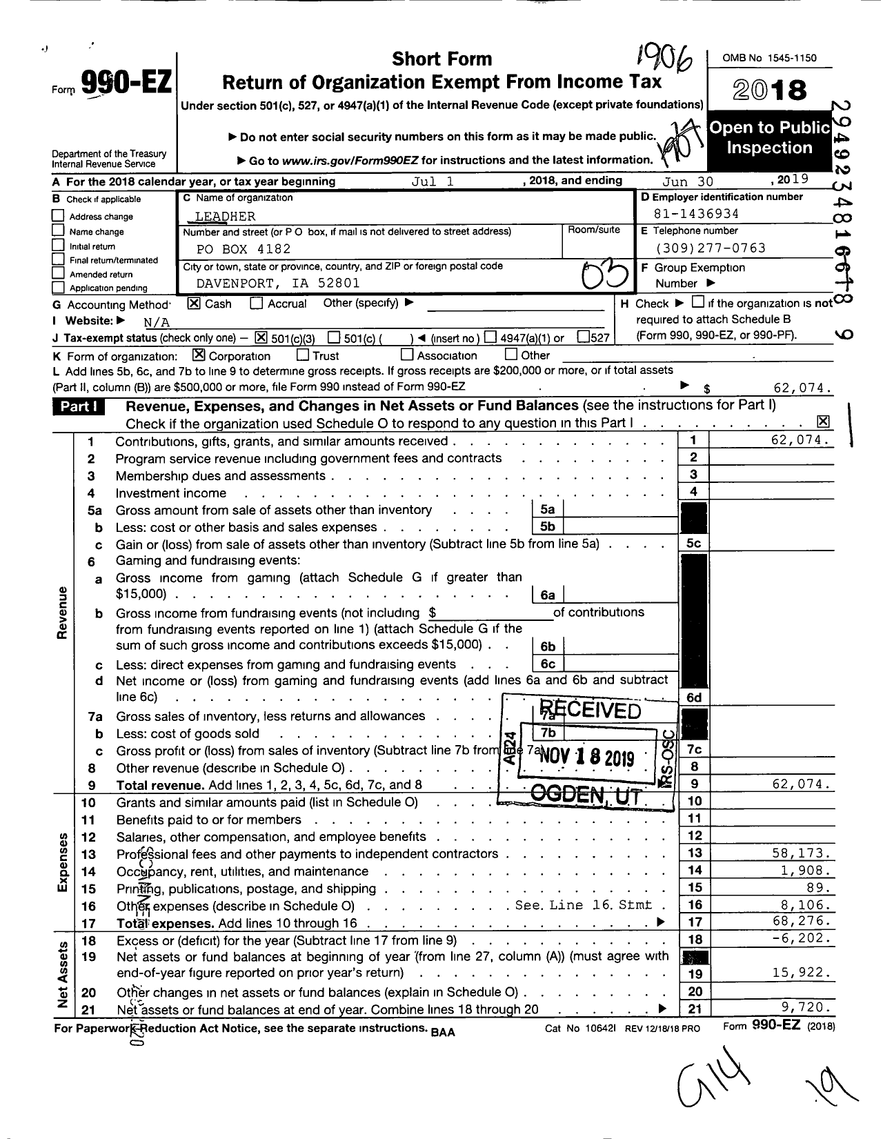 Image of first page of 2018 Form 990EZ for Leadher