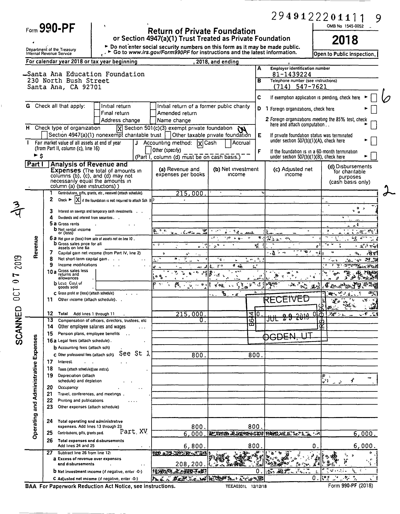 Image of first page of 2018 Form 990PF for Santa Ana Education Foundation